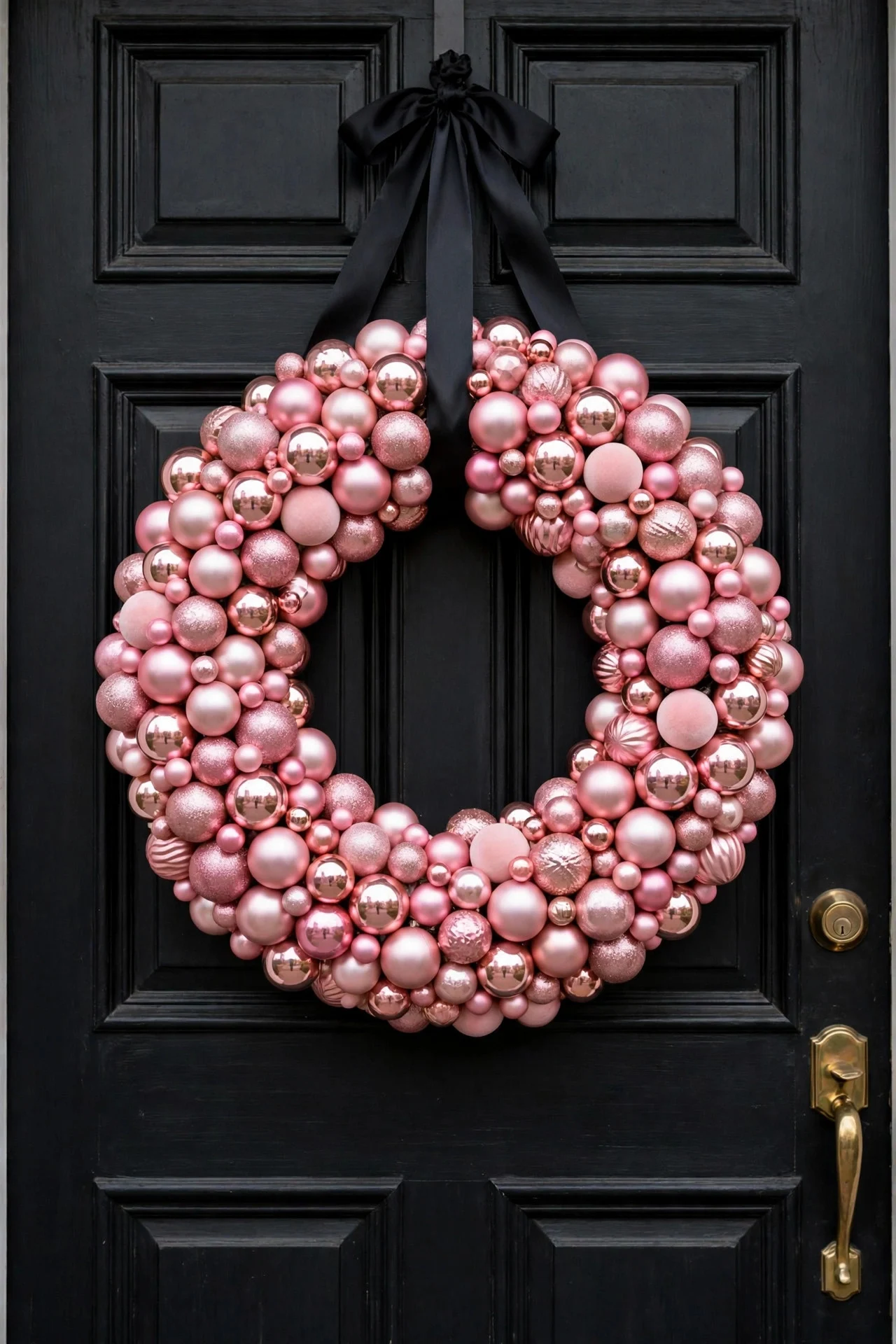 Pink ornament wreath on black front door