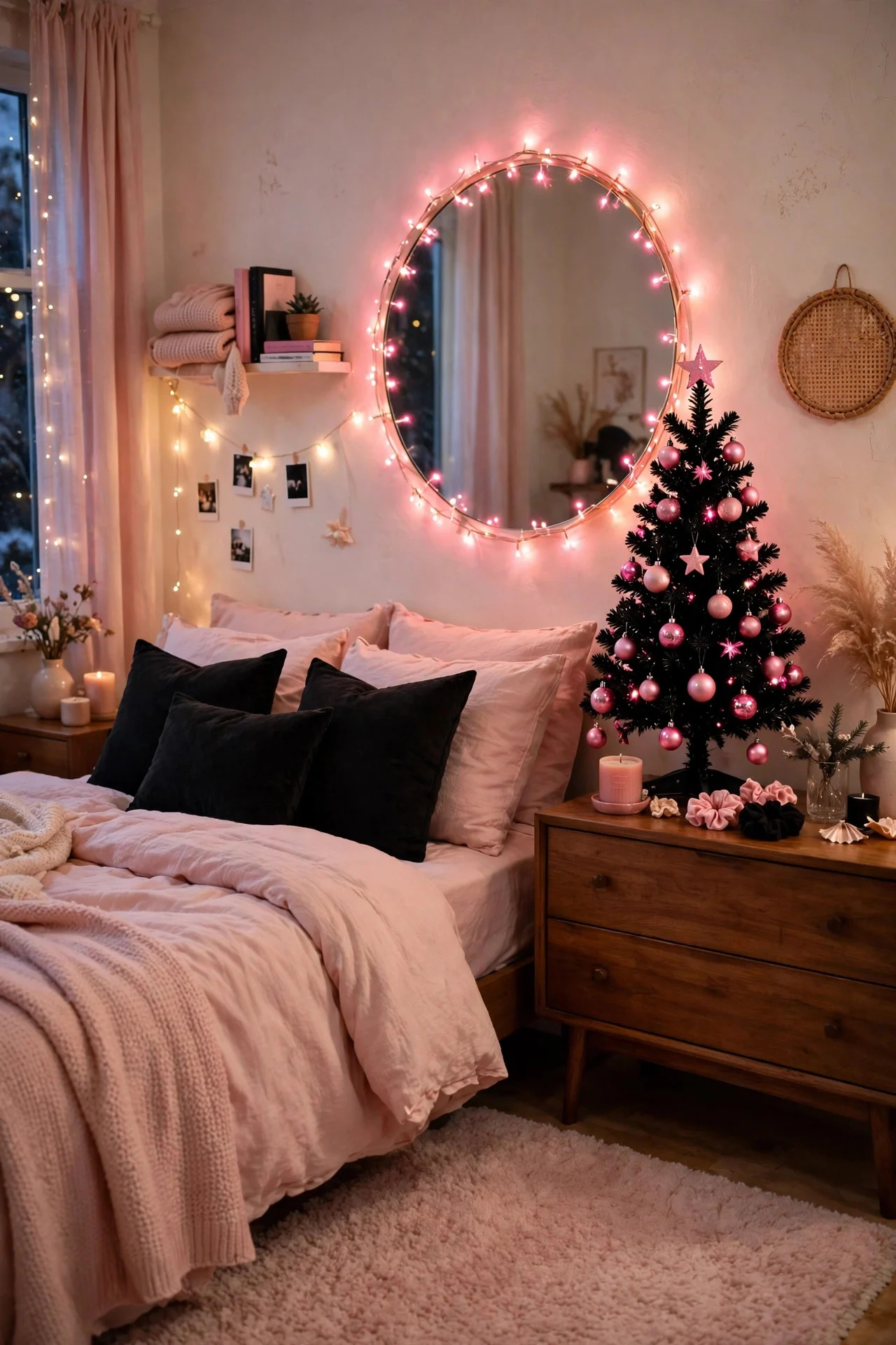 Teen bedroom with pink and black Christmas decor