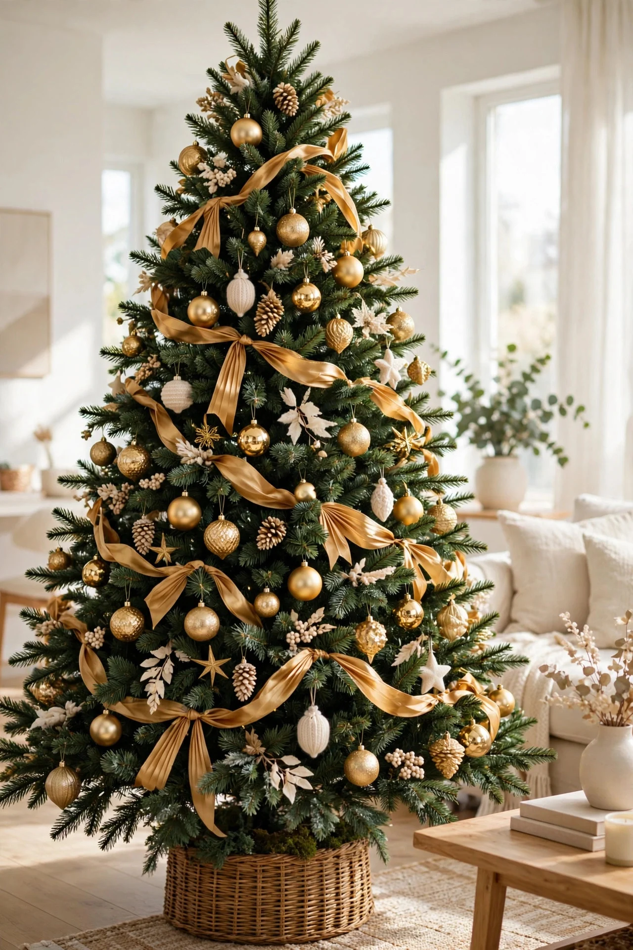 Christmas tree with balanced gold and green decor in a 60-30-10 color ratio