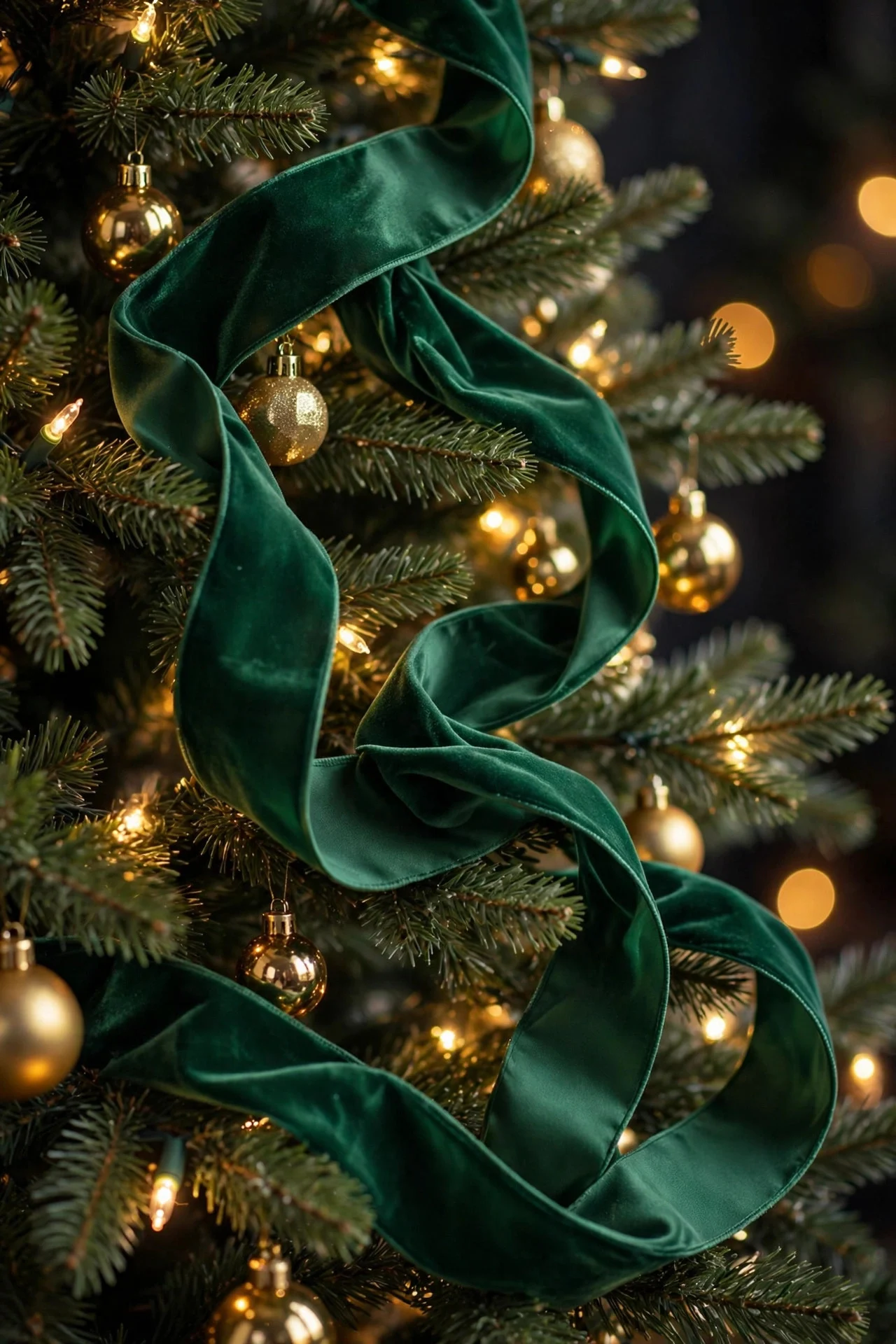 Emerald velvet ribbon garland draped on a Christmas tree