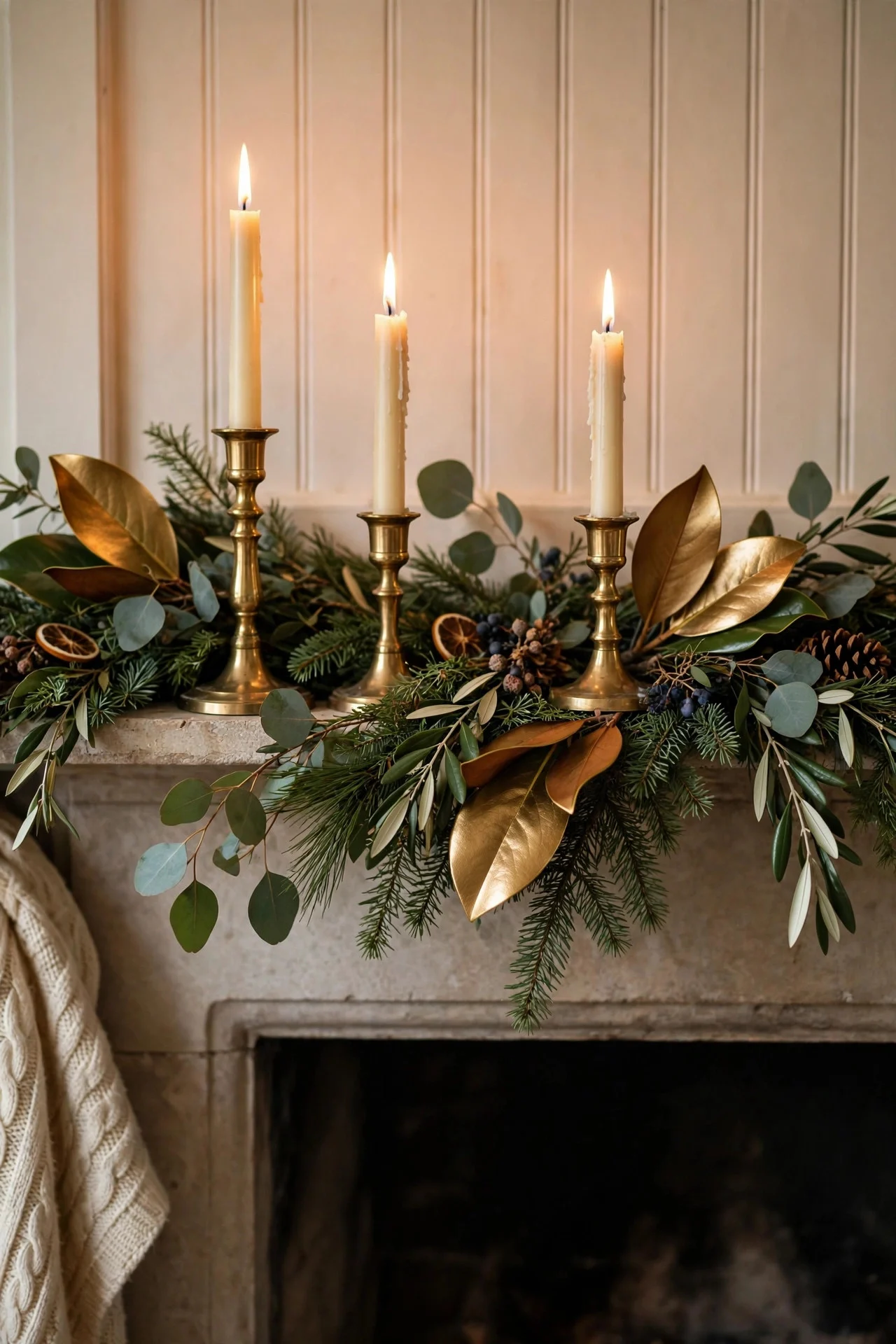 Mantel garland with gold-painted magnolia leaves and brass candlesticks
