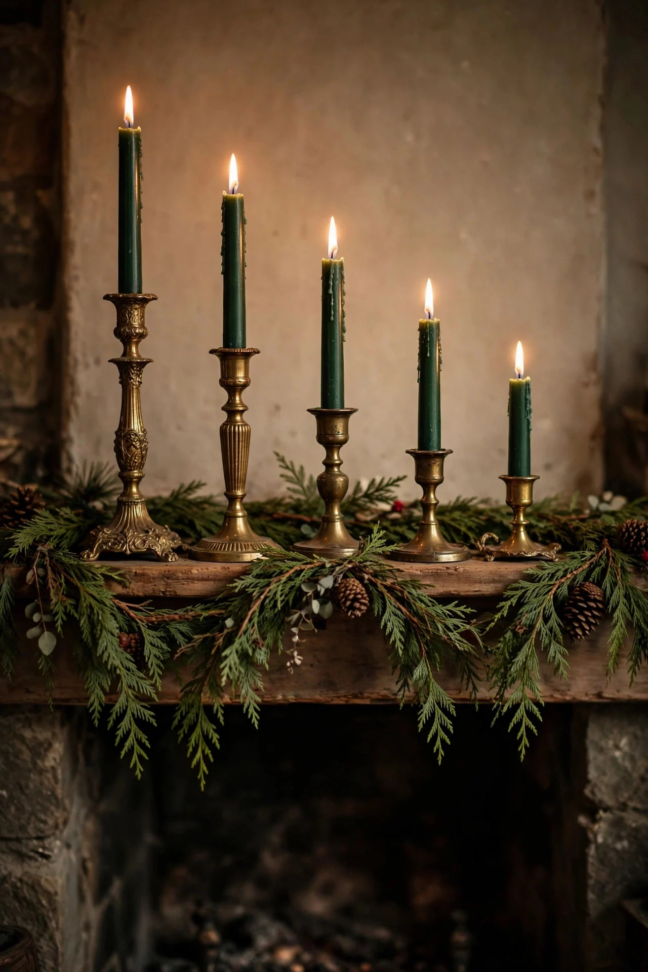 Vintage brass candlesticks with green tapers on a Christmas mantel