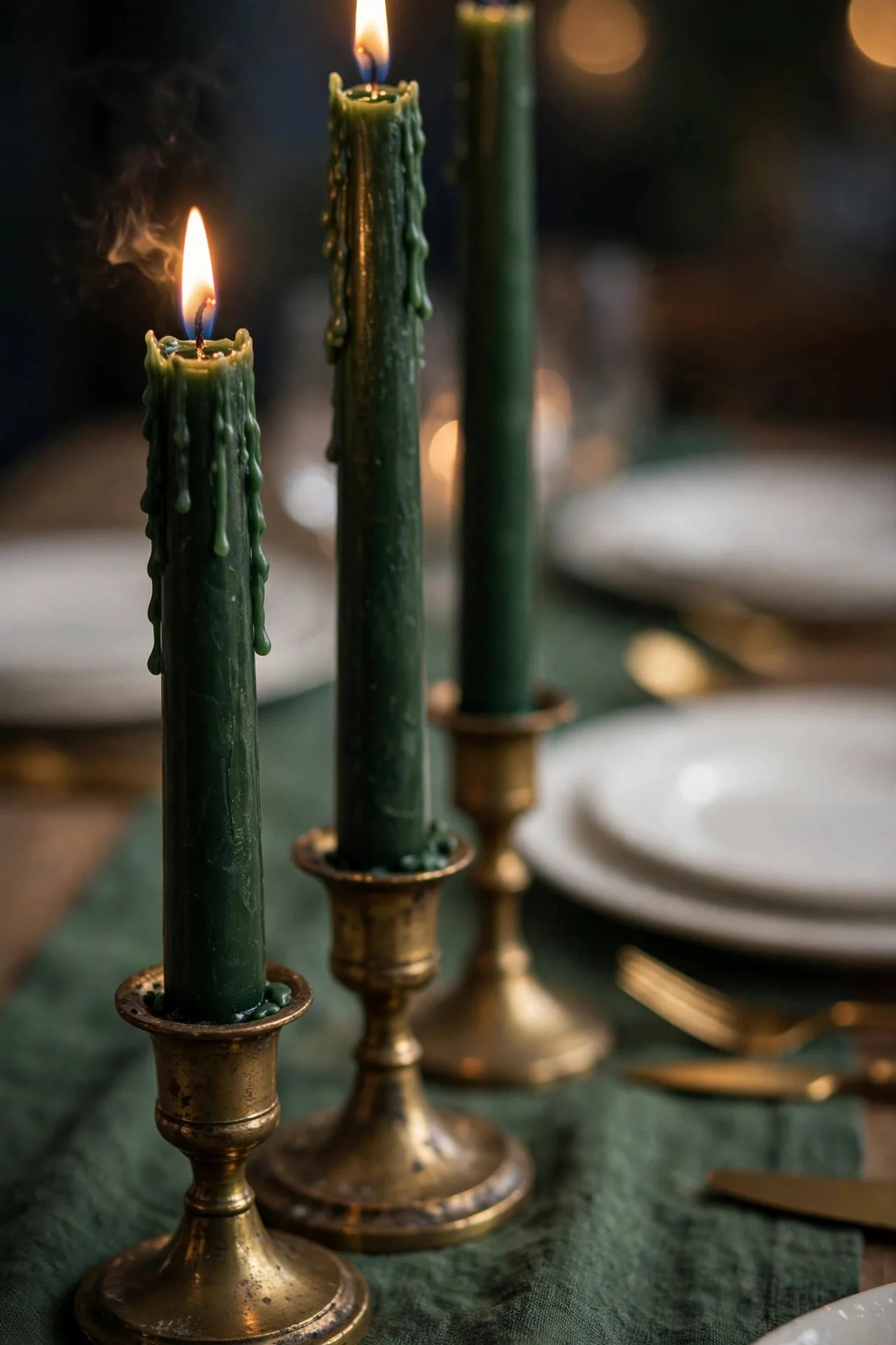 Deep green taper candles in brass holders on a Christmas dining table