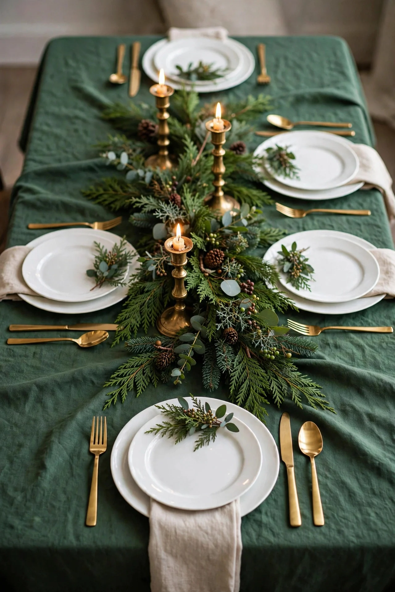 Green and gold Christmas tablescape with cedar garland centerpiece