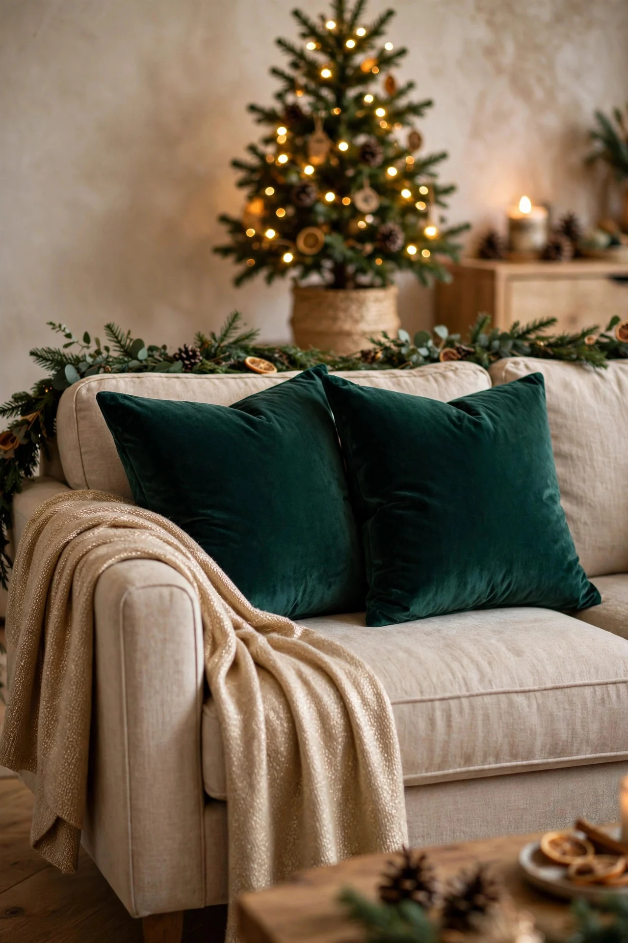 Sofa with emerald velvet pillows and gold throw blanket for Christmas