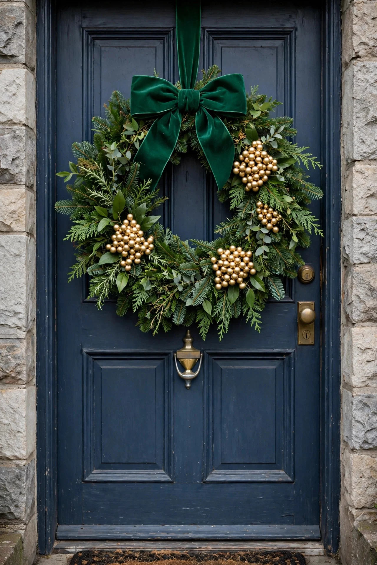 Fresh greenery Christmas wreath with gold berries and emerald bow