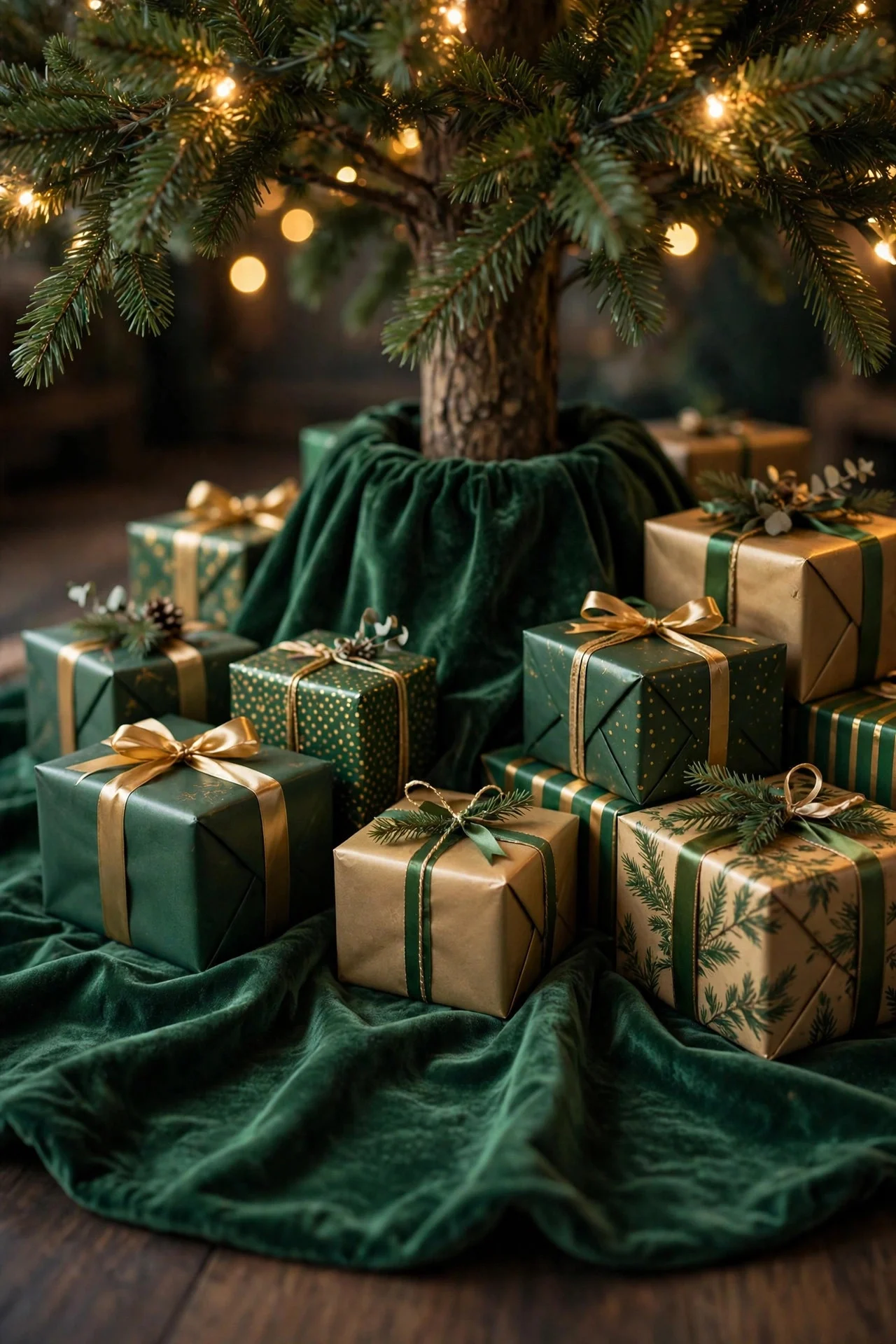Deep green velvet tree skirt under a decorated Christmas tree