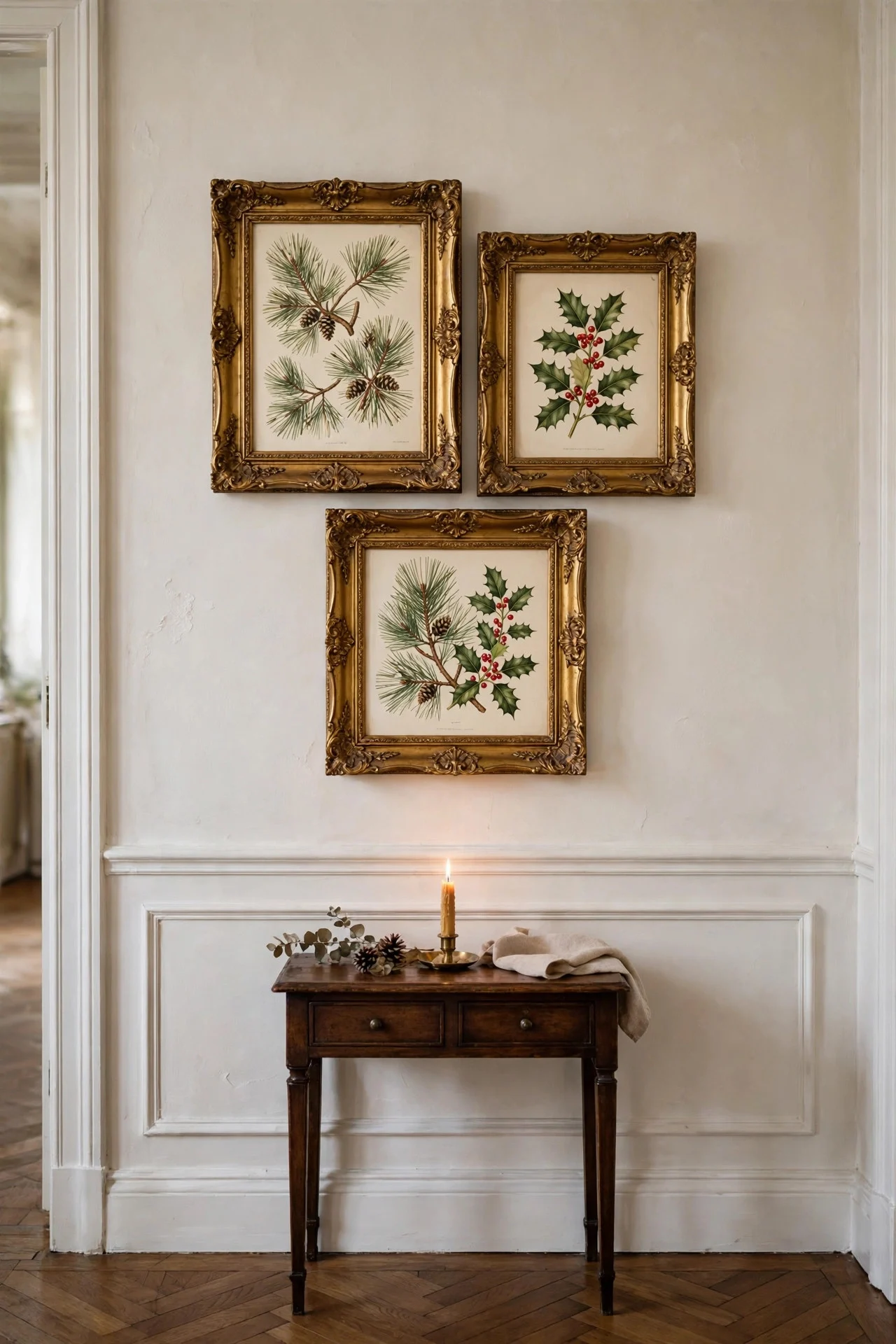 Gold-framed botanical prints of pine and holly on a hallway wall