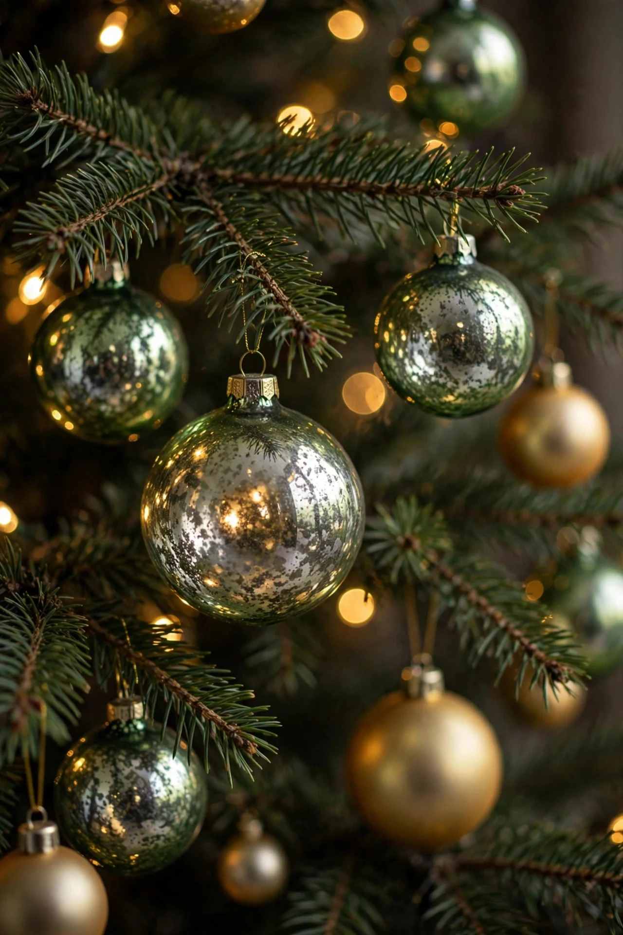 Green mercury glass ornaments and gold balls on a Christmas tree