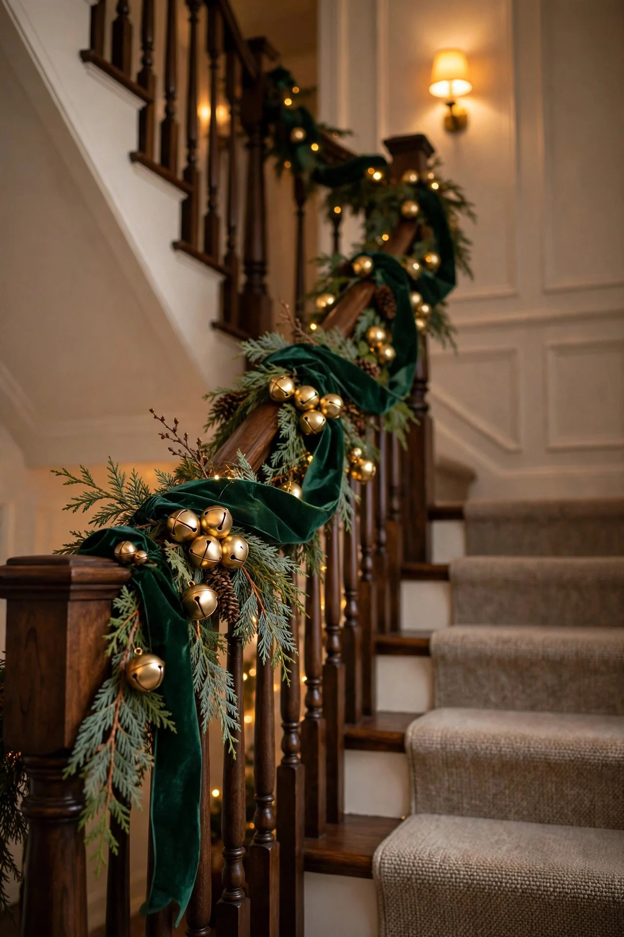 Gold jingle bell garland on emerald ribbon draped over a staircase railing