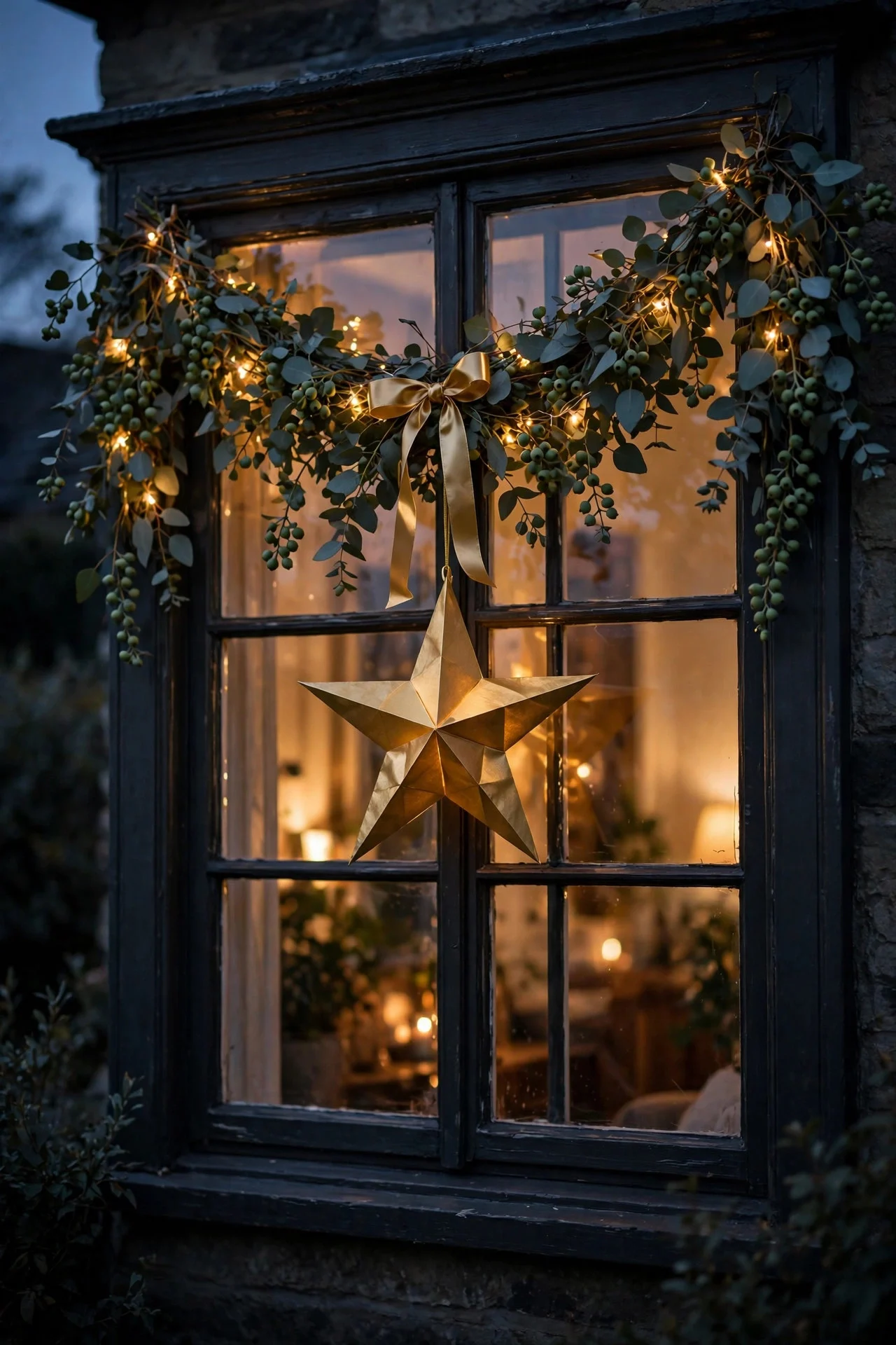 Window swag of eucalyptus with gold ribbon and gold paper star