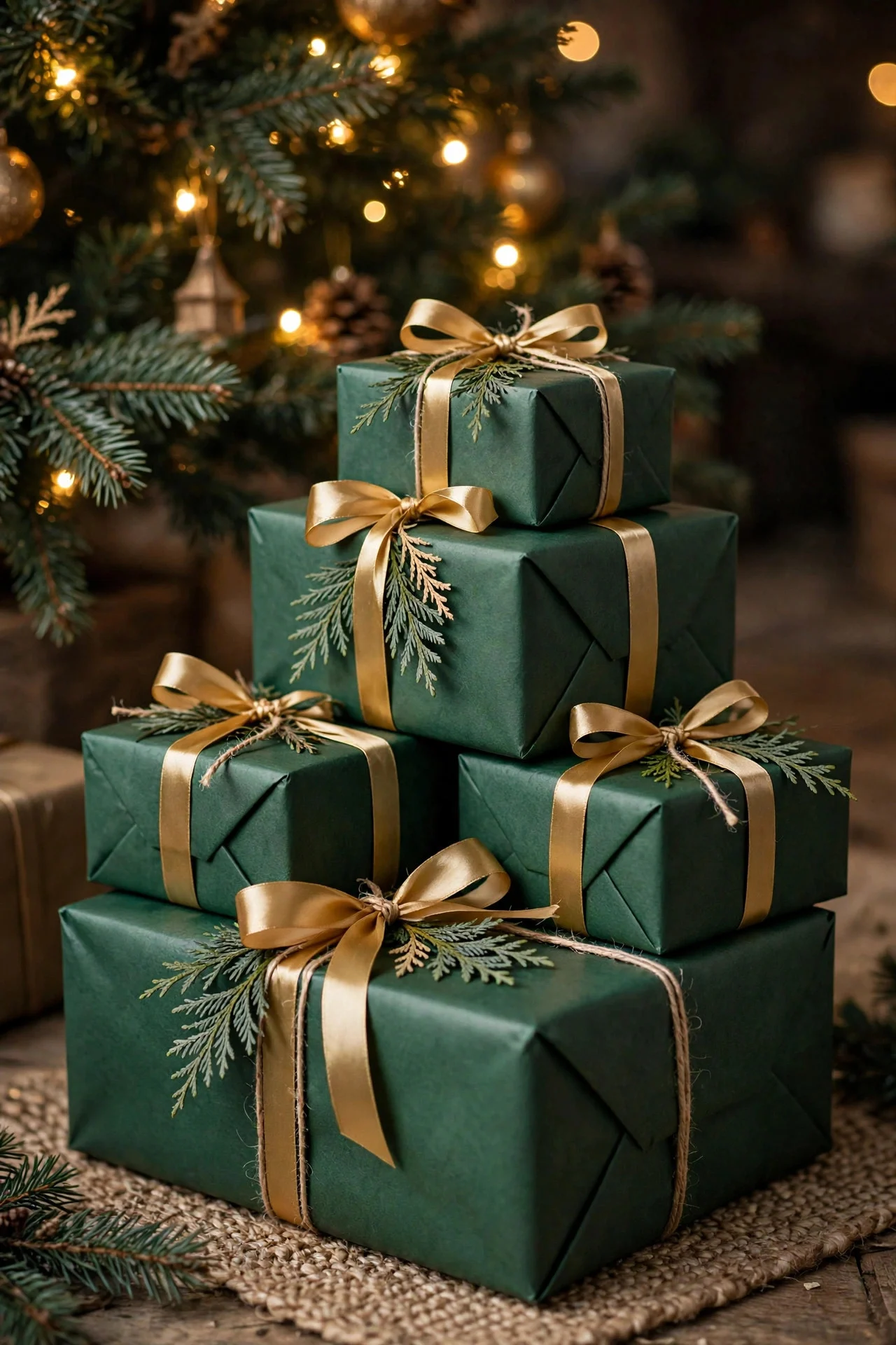 Gifts wrapped in green kraft paper with gold ribbon under the tree