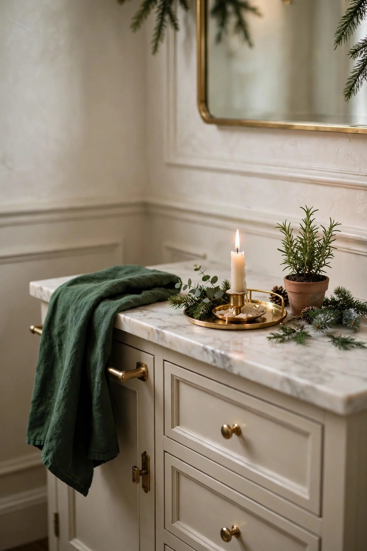 Powder room vanity with green towel, gold tray and Christmas candle