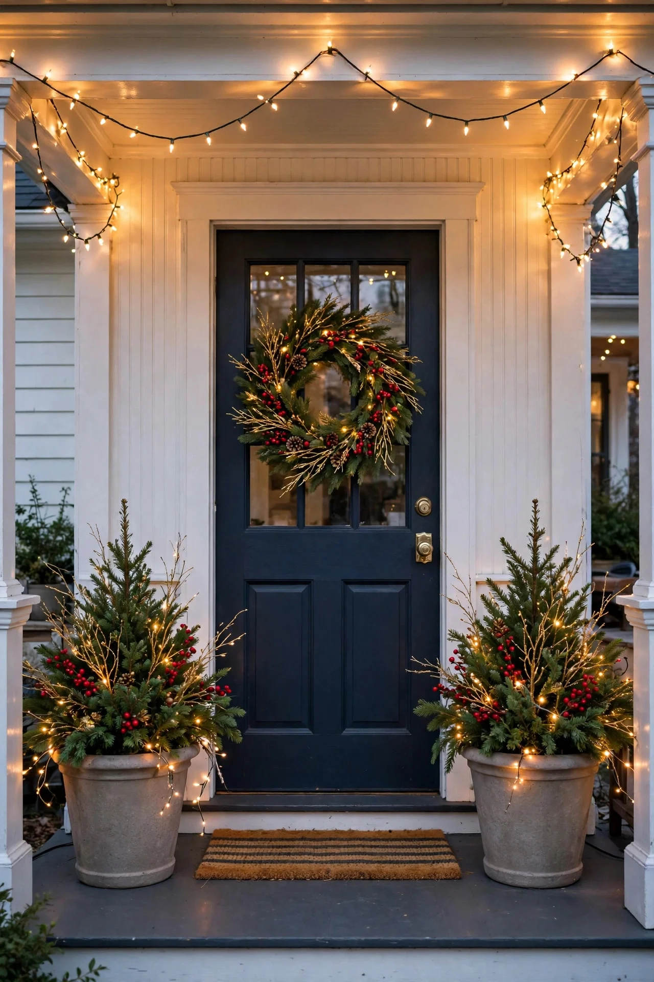 Front door planters with evergreens, gold branches and fairy lights