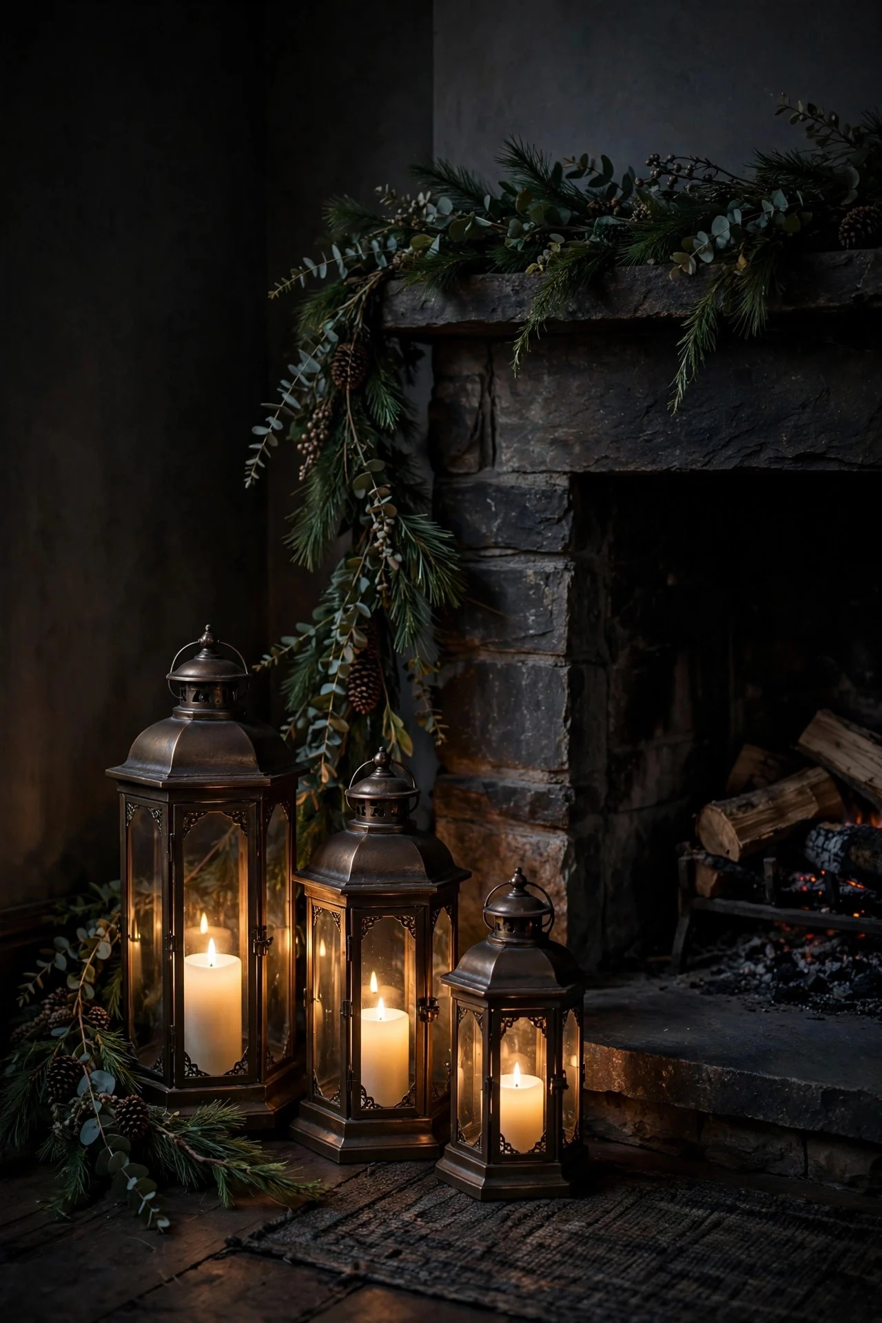 Cluster of bronze lanterns with glowing candles in a dark corner