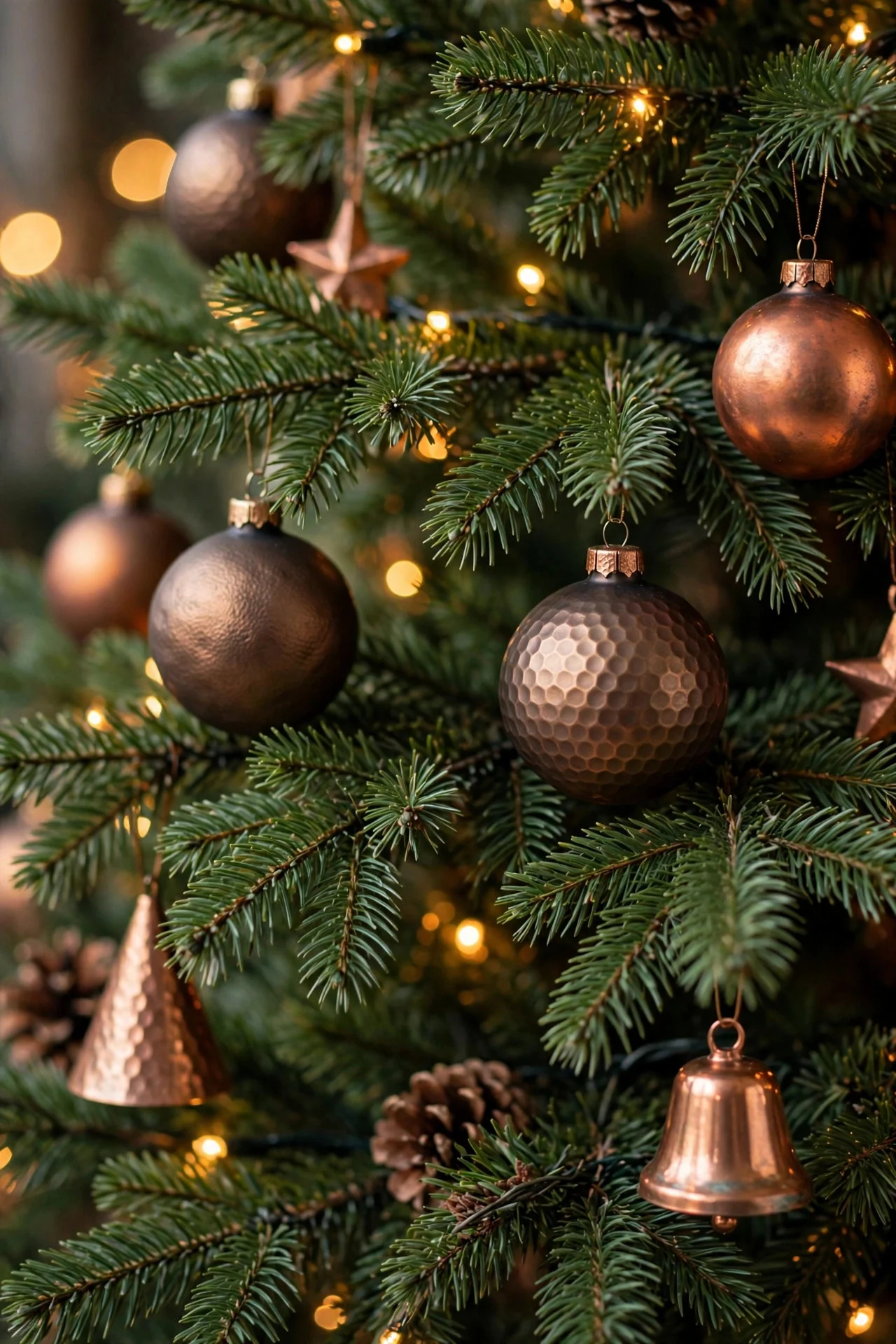 Bronze and copper ornaments on a real green Christmas tree