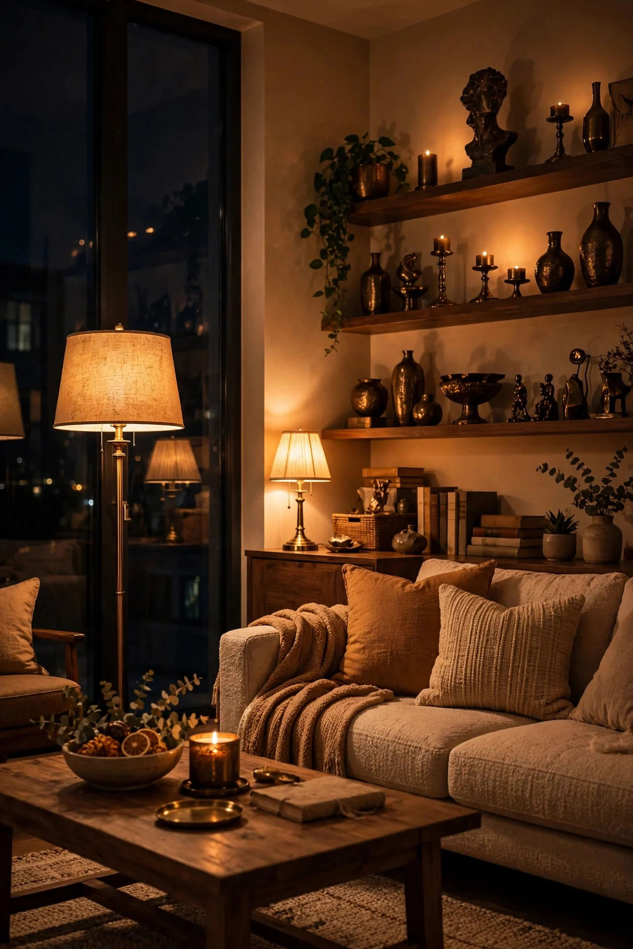 Living room lit with warm 2700K bulbs showing off bronze decor