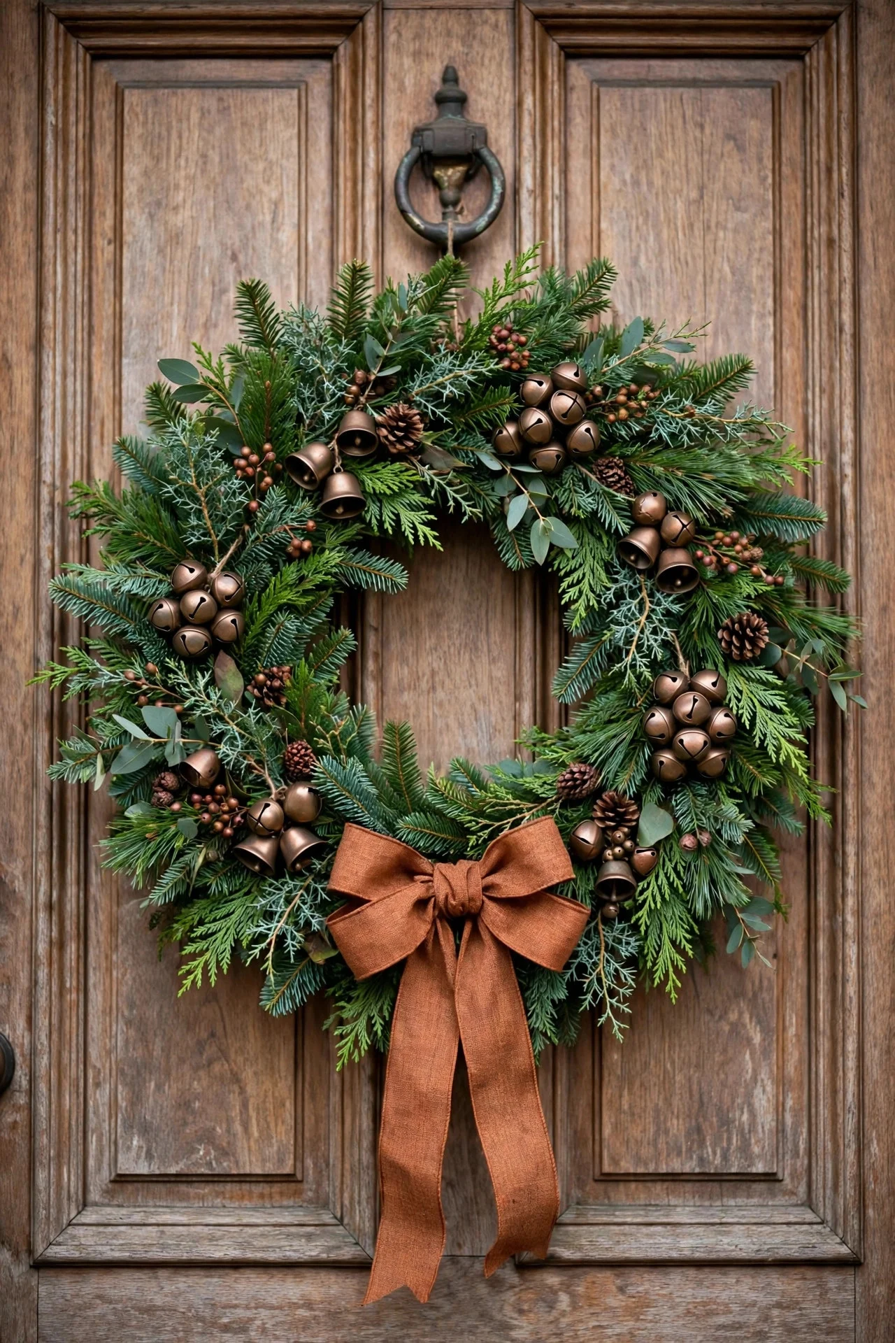 Evergreen wreath decorated with bronze bells and rust ribbon
