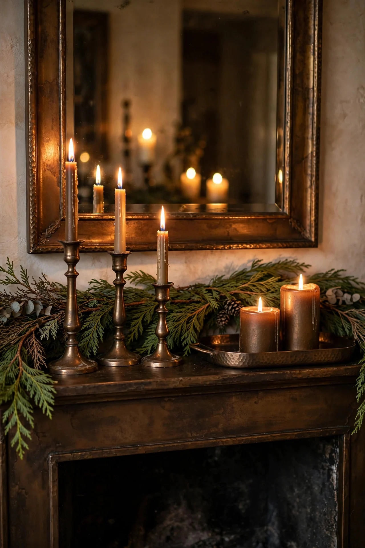 All-bronze candlelit Christmas mantel with cedar garland