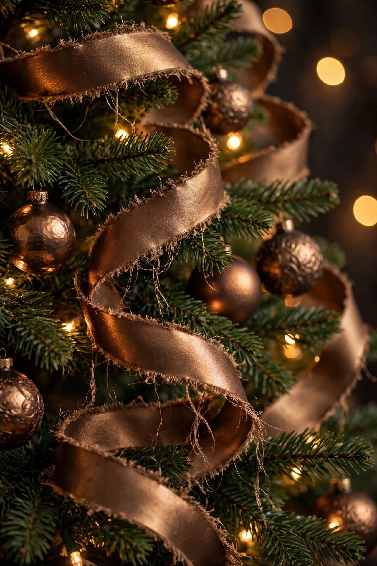 Bronze raw-edge ribbon draped loosely around a Christmas tree