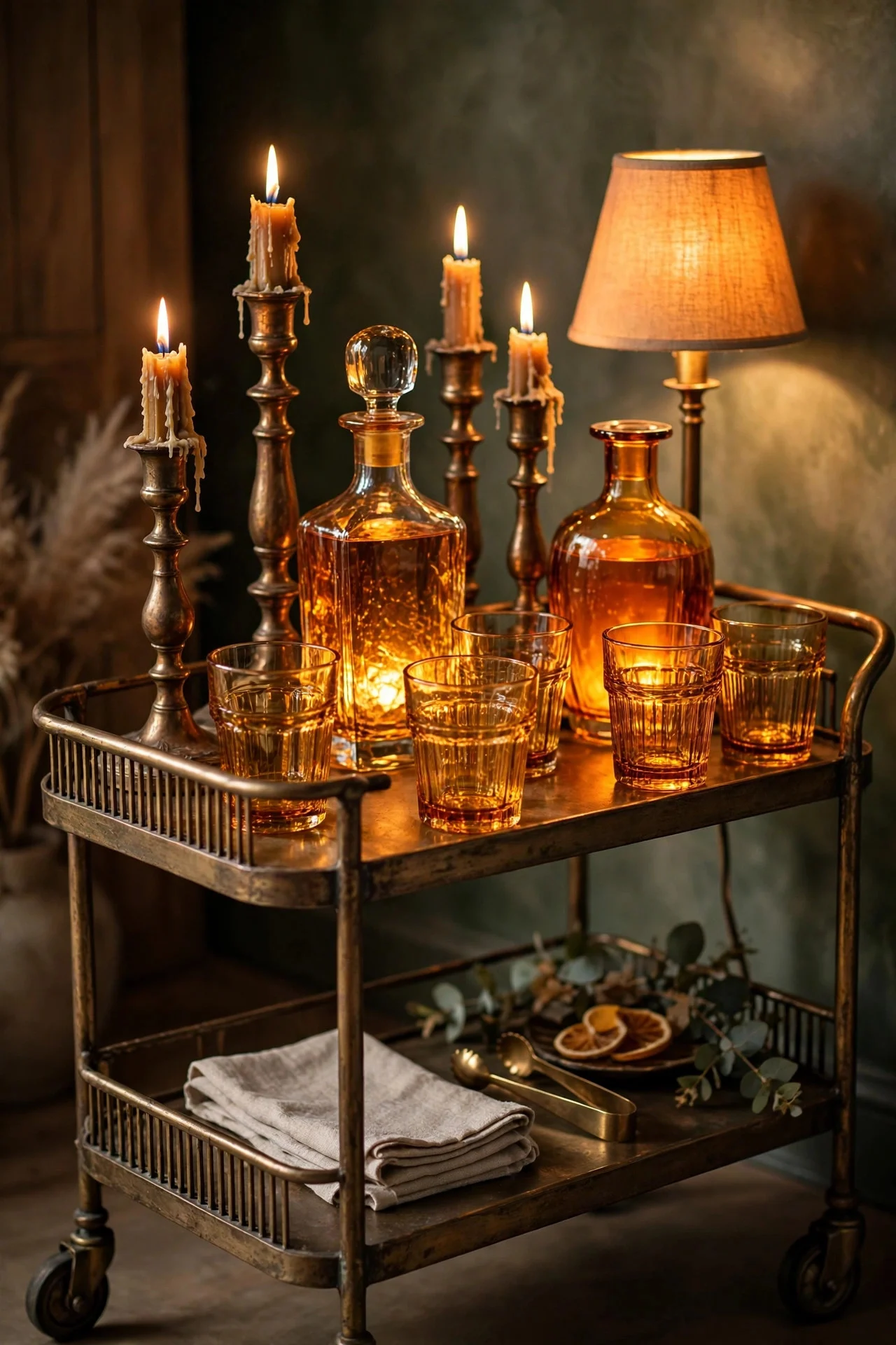 Bar cart with amber glassware and bronze candlesticks glowing warmly