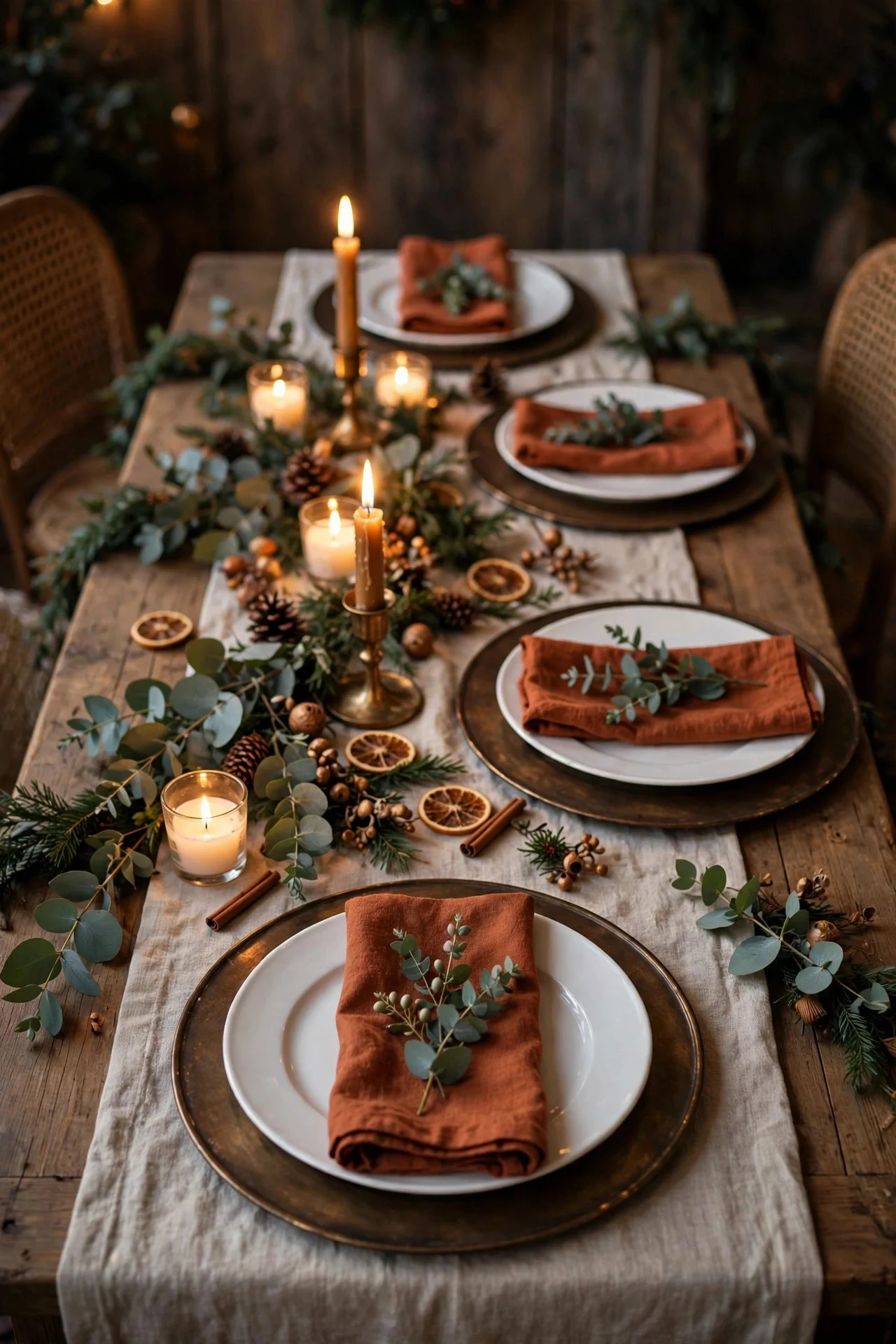 Dining table with bronze chargers, white plates and rust napkins