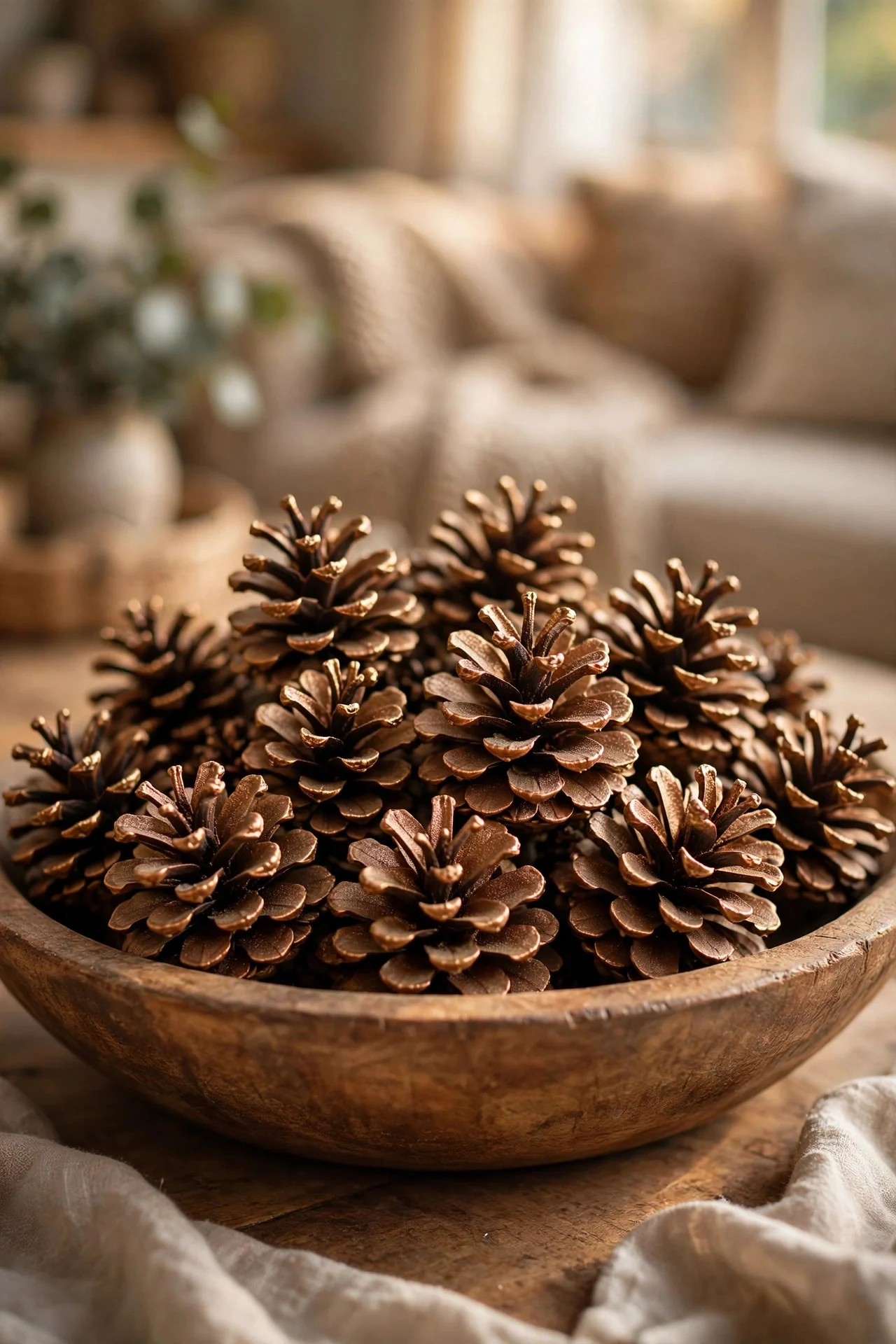 Bronze-dusted pinecones piled in a wooden bowl
