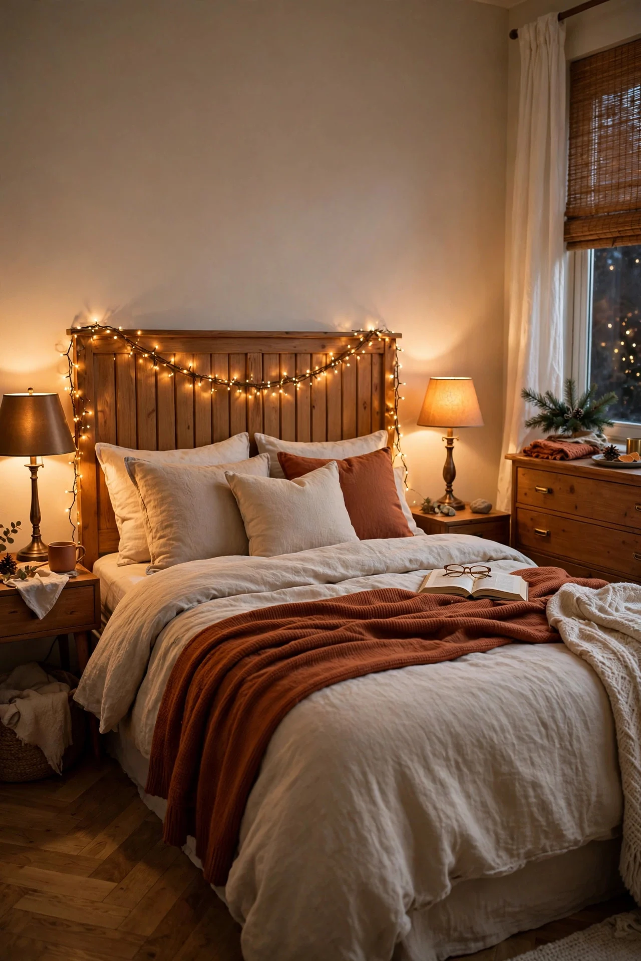 Bedroom with bronze lampshades and fairy lights for Christmas
