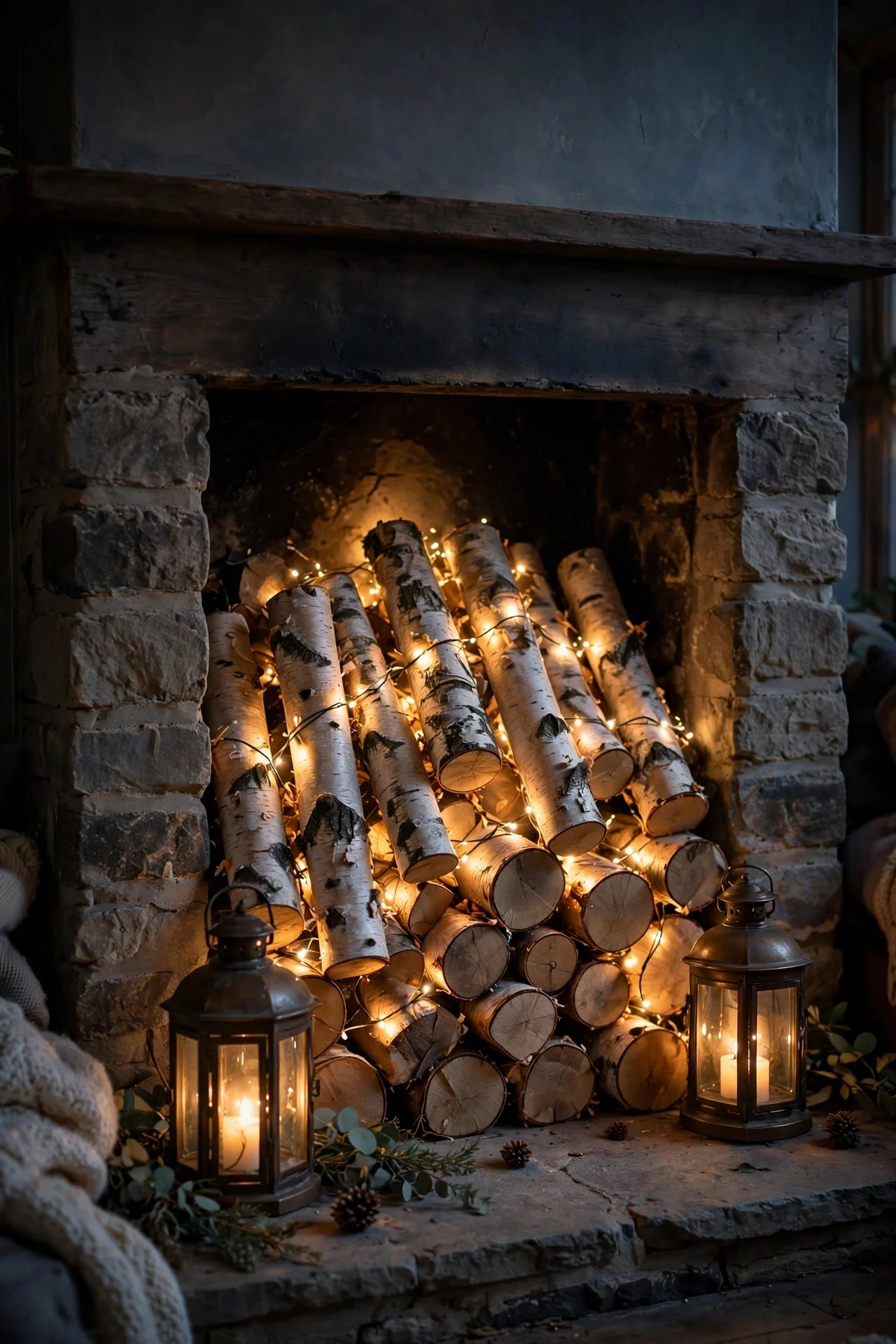 Fireplace with birch logs and fairy lights glowing like firelight