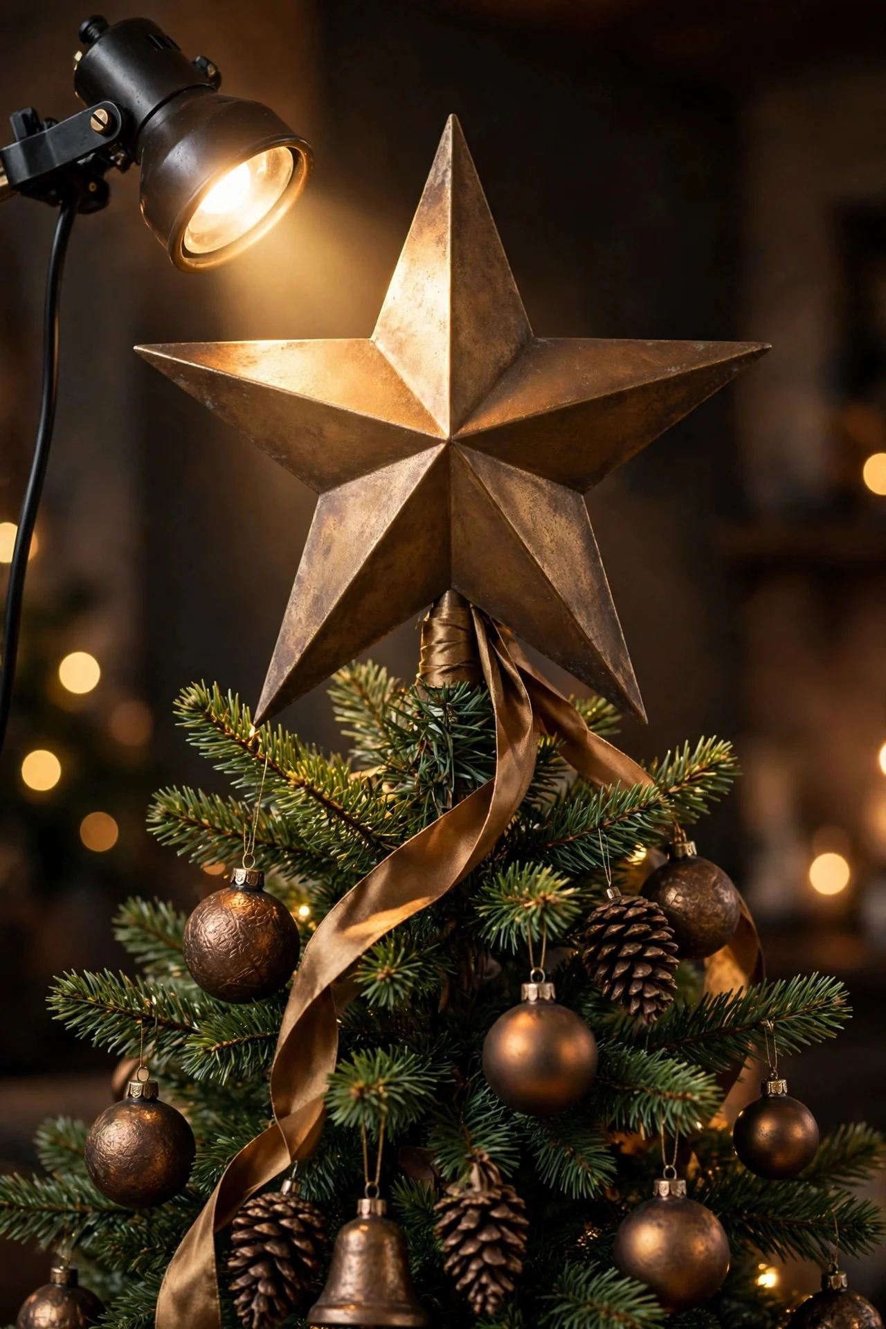 Bronze star tree topper glowing on top of a Christmas tree