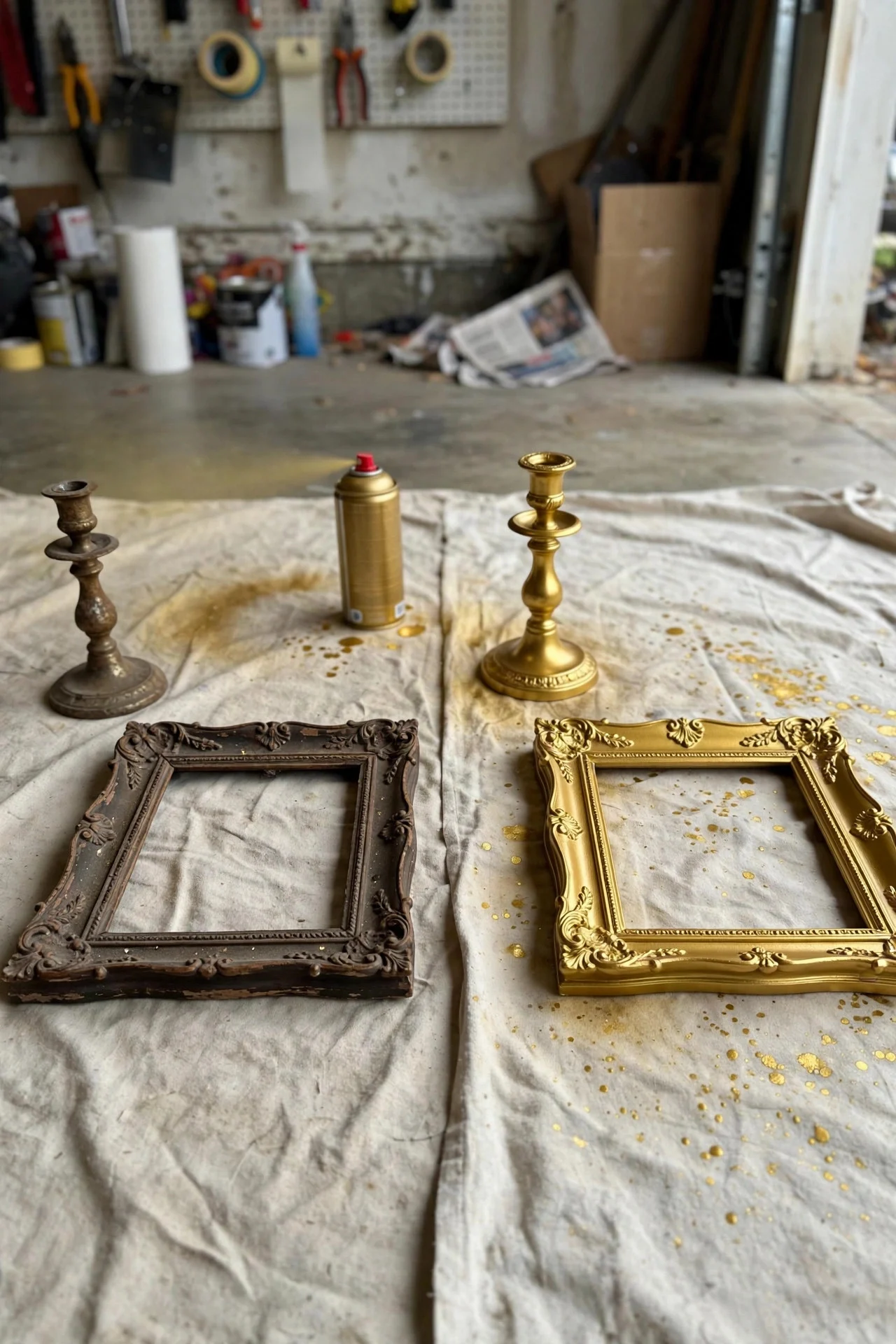 Thrifted decor pieces being spray-painted gold
