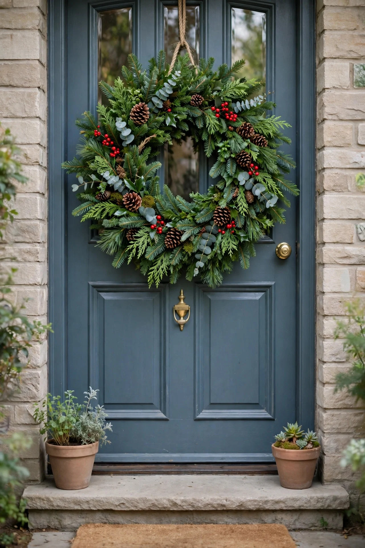 Front door with one beautiful fresh wreath as the statement piece