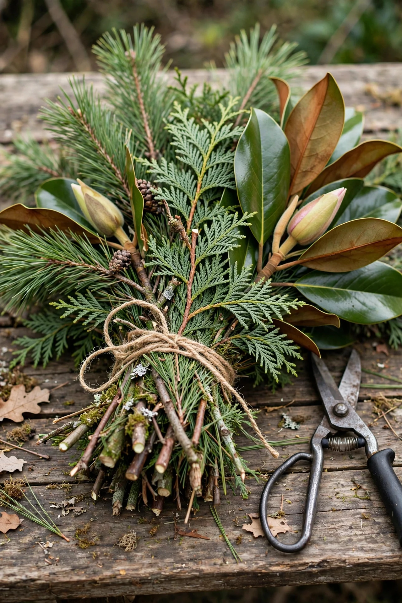 Freshly foraged pine and cedar branches bundled with twine