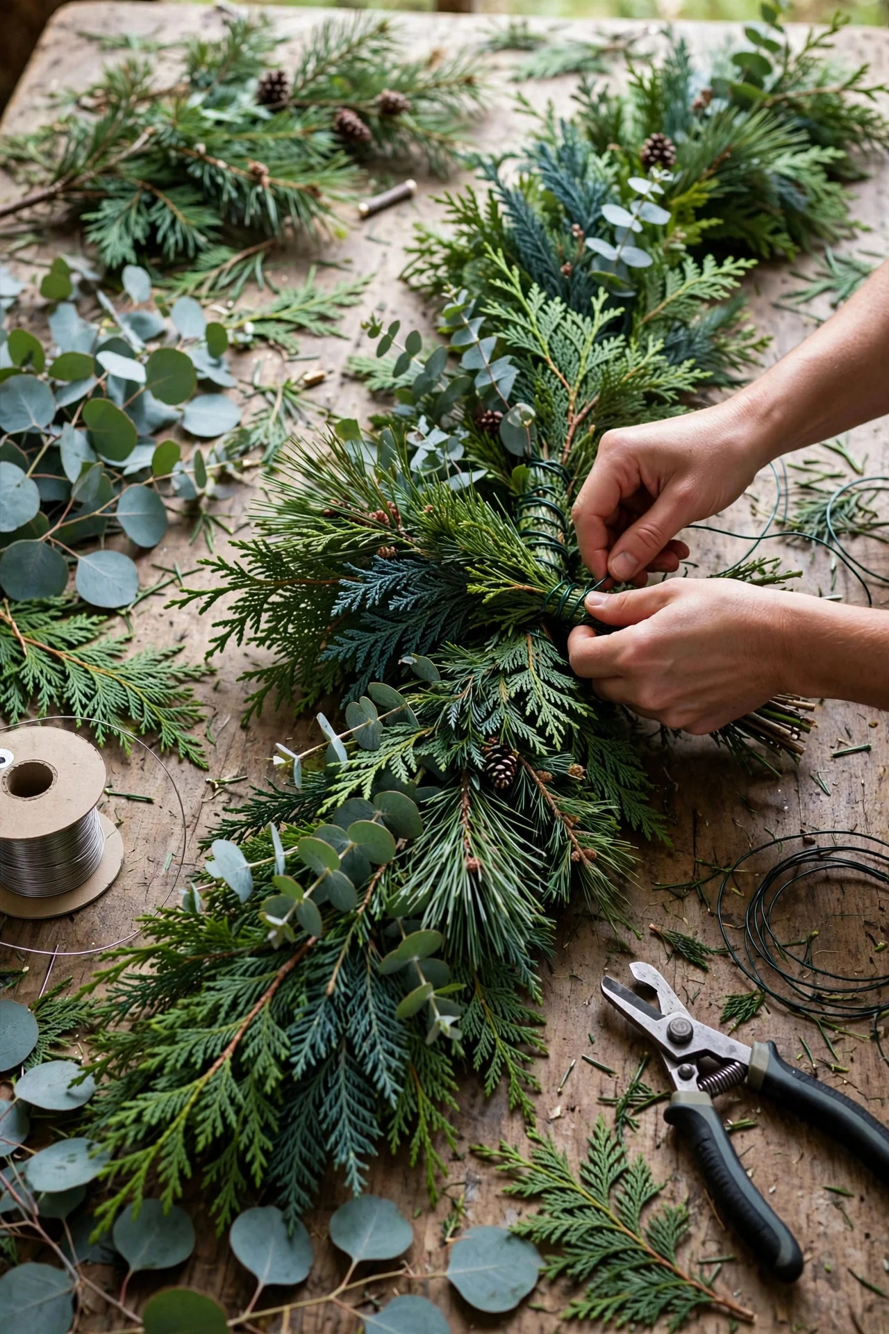DIY garland being made from grocery-store greenery bunches