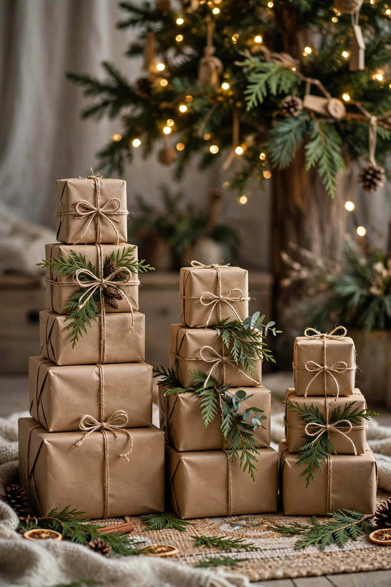 Gifts wrapped in kraft paper with twine and cedar sprigs