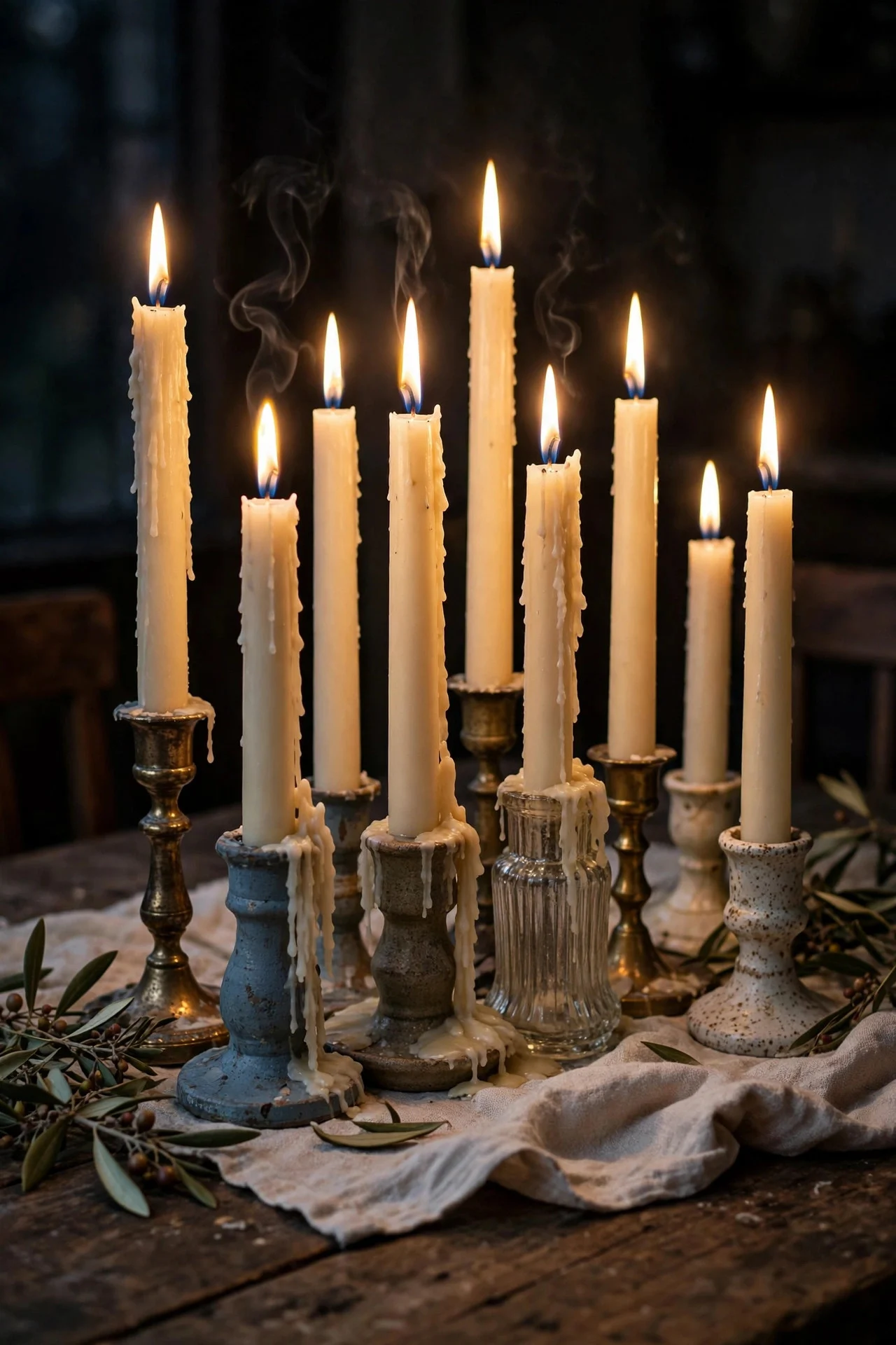 Cluster of taper candles in thrifted holders on a dining table