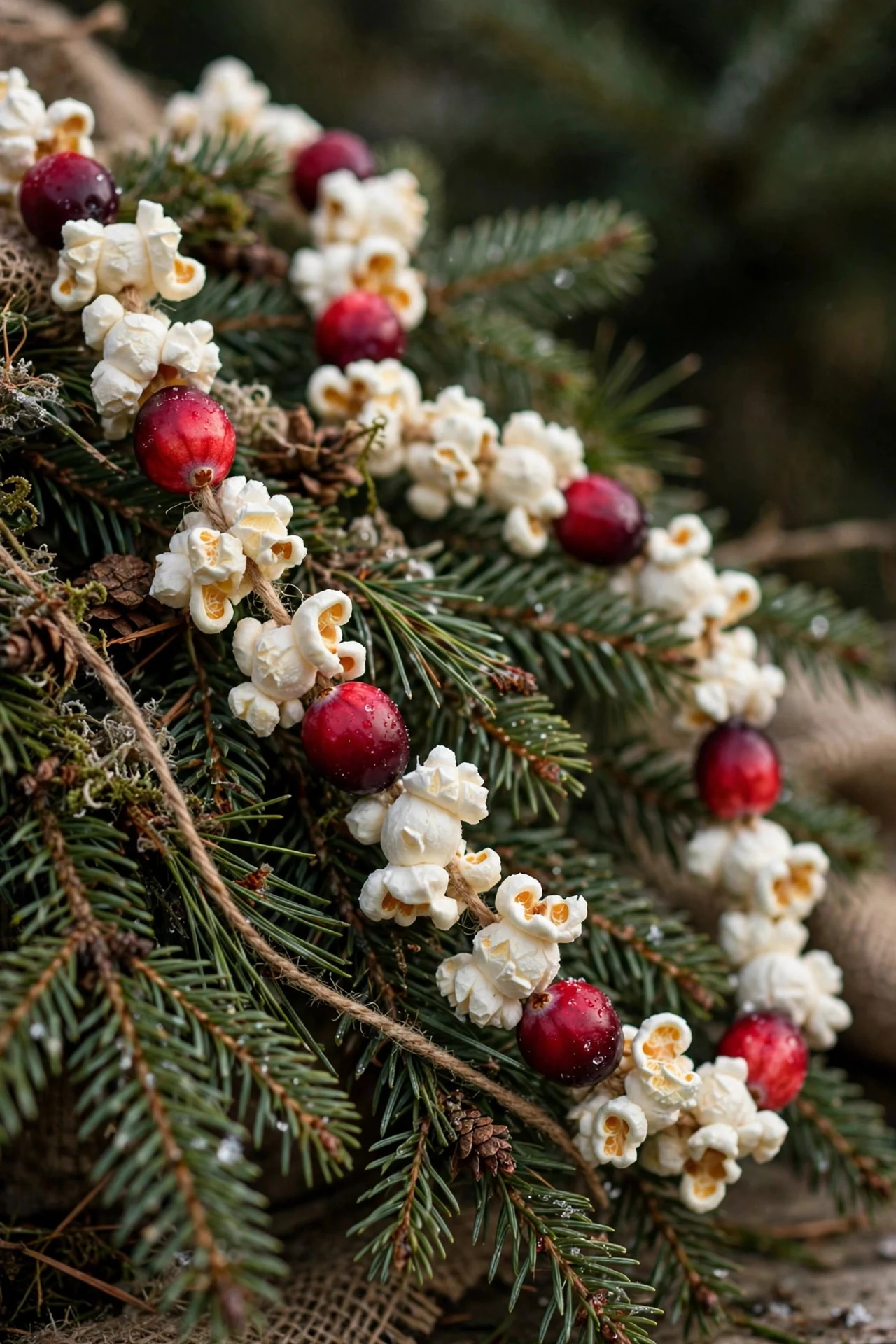 Popcorn and cranberry garland on a Christmas tree