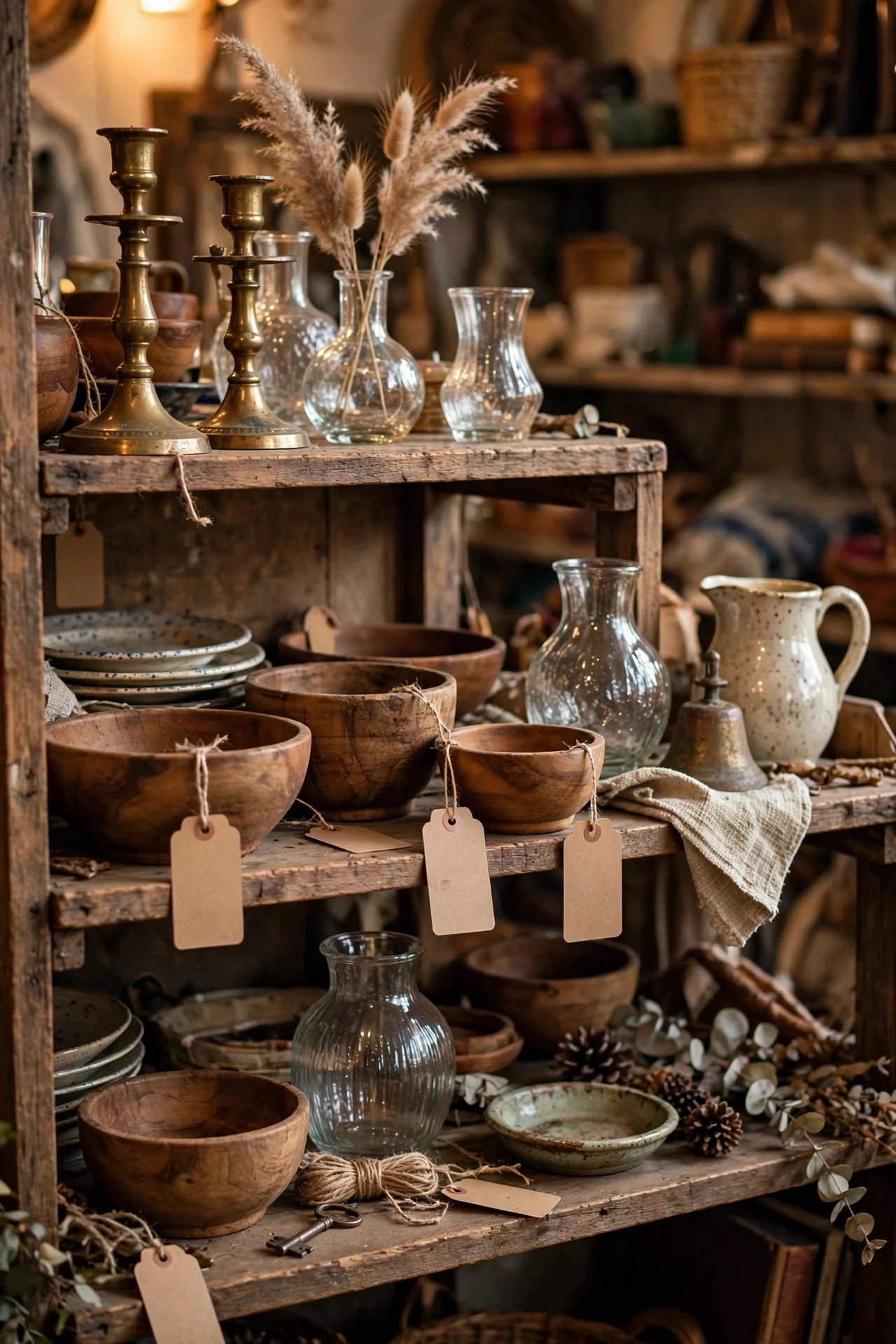 Thrift store shelf with brass candlesticks and vases