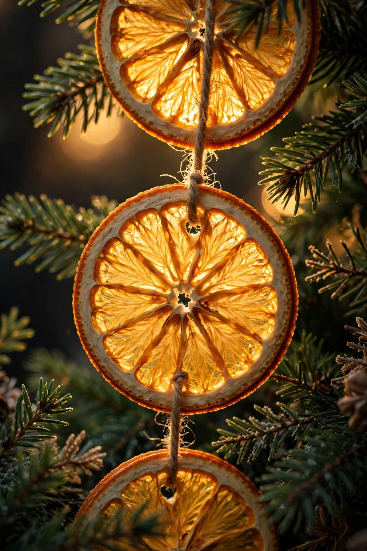 Dried orange slice ornaments glowing on a Christmas tree