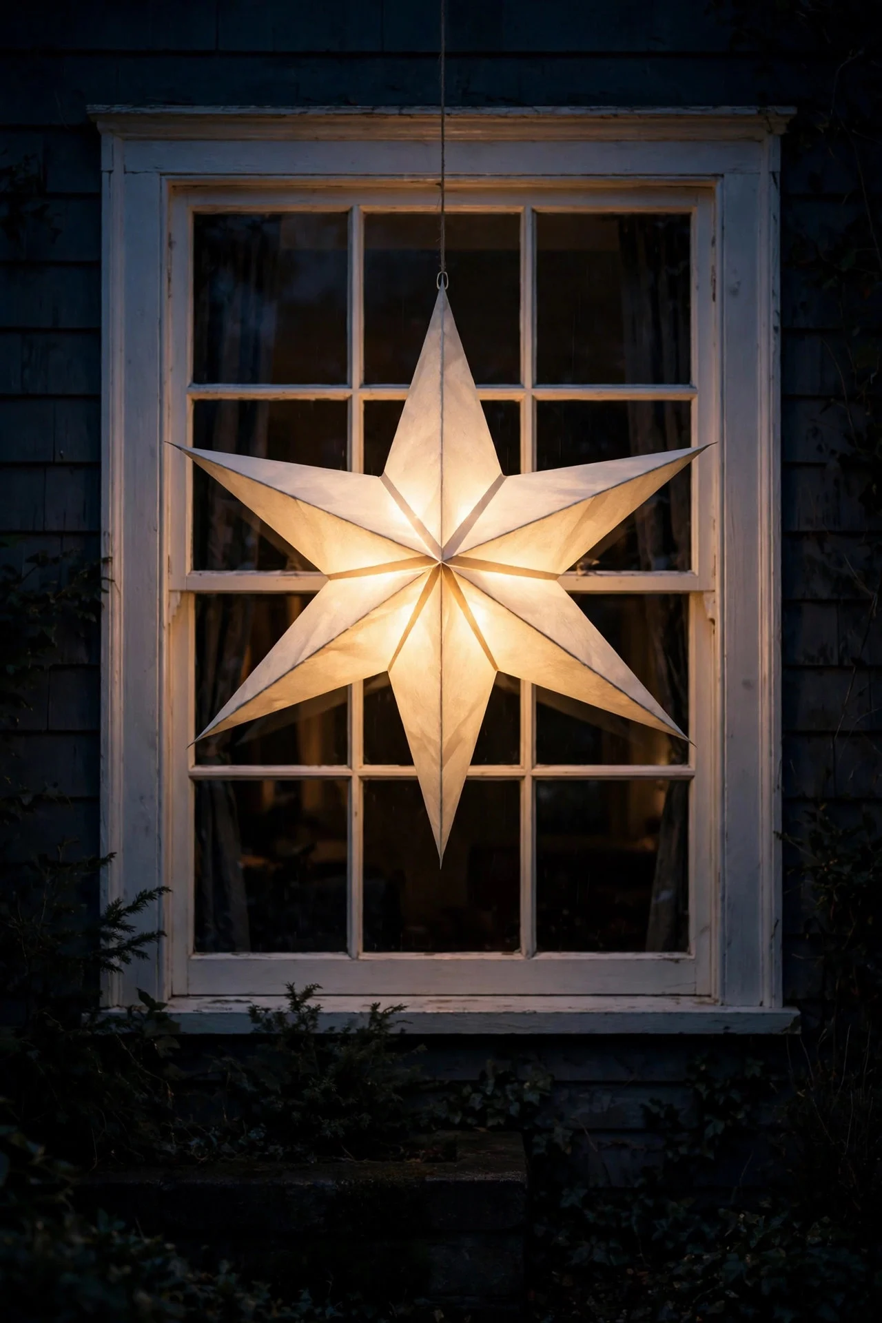 Glowing paper star lantern hanging in a window at night