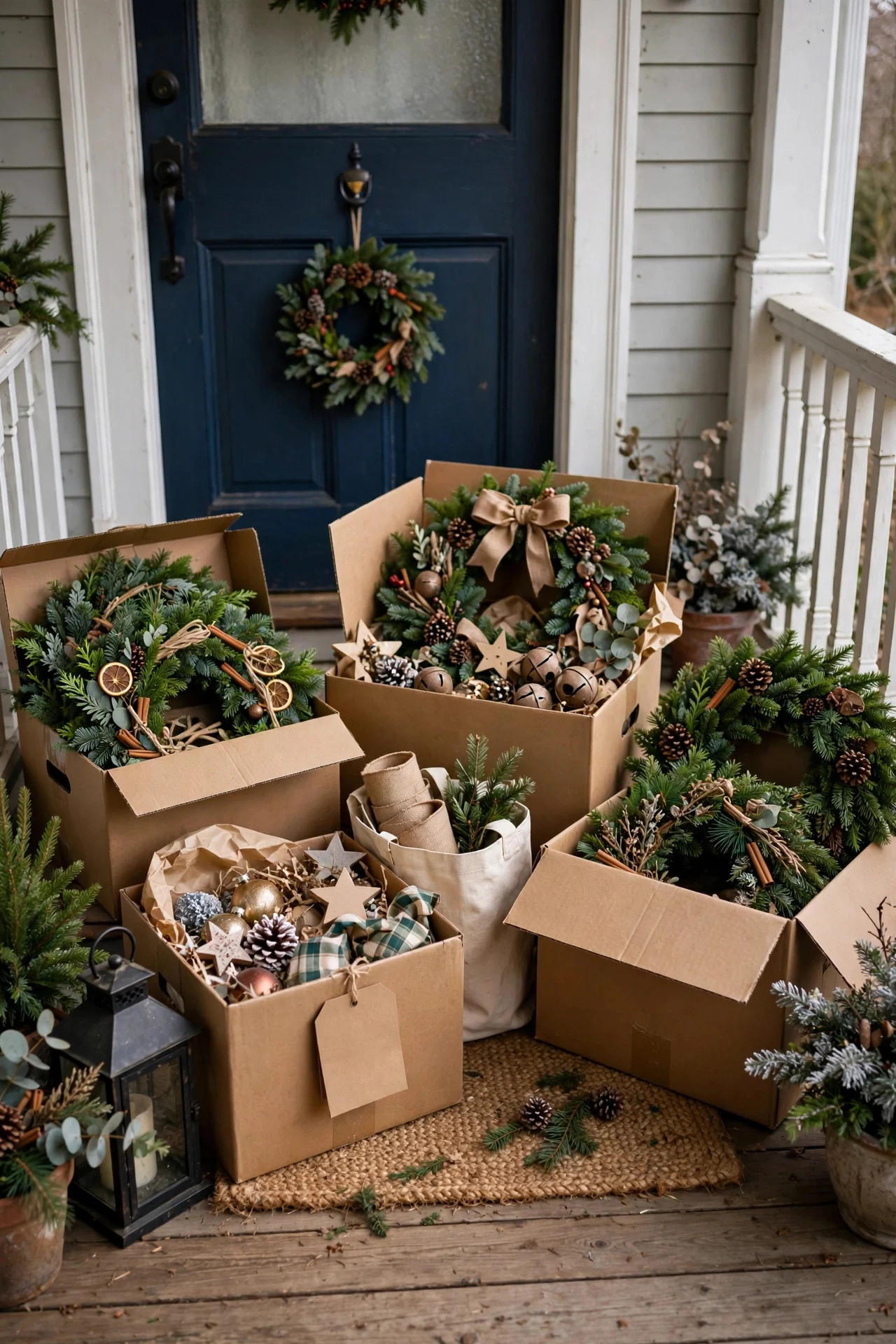Neighbors swapping boxes of Christmas decorations