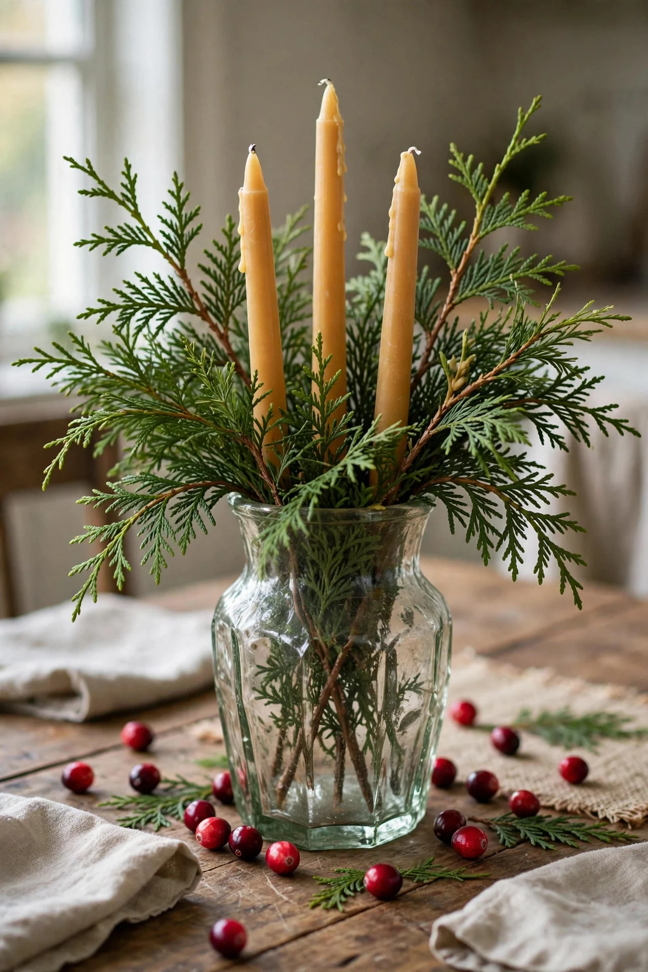 Thrifted vase with greenery and candles as a table centerpiece