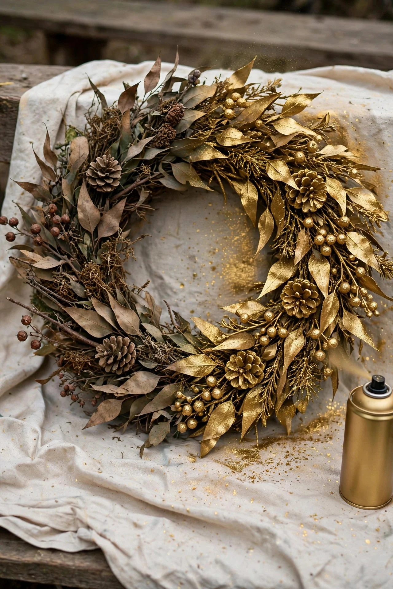 Old wreath being revived with gold spray paint