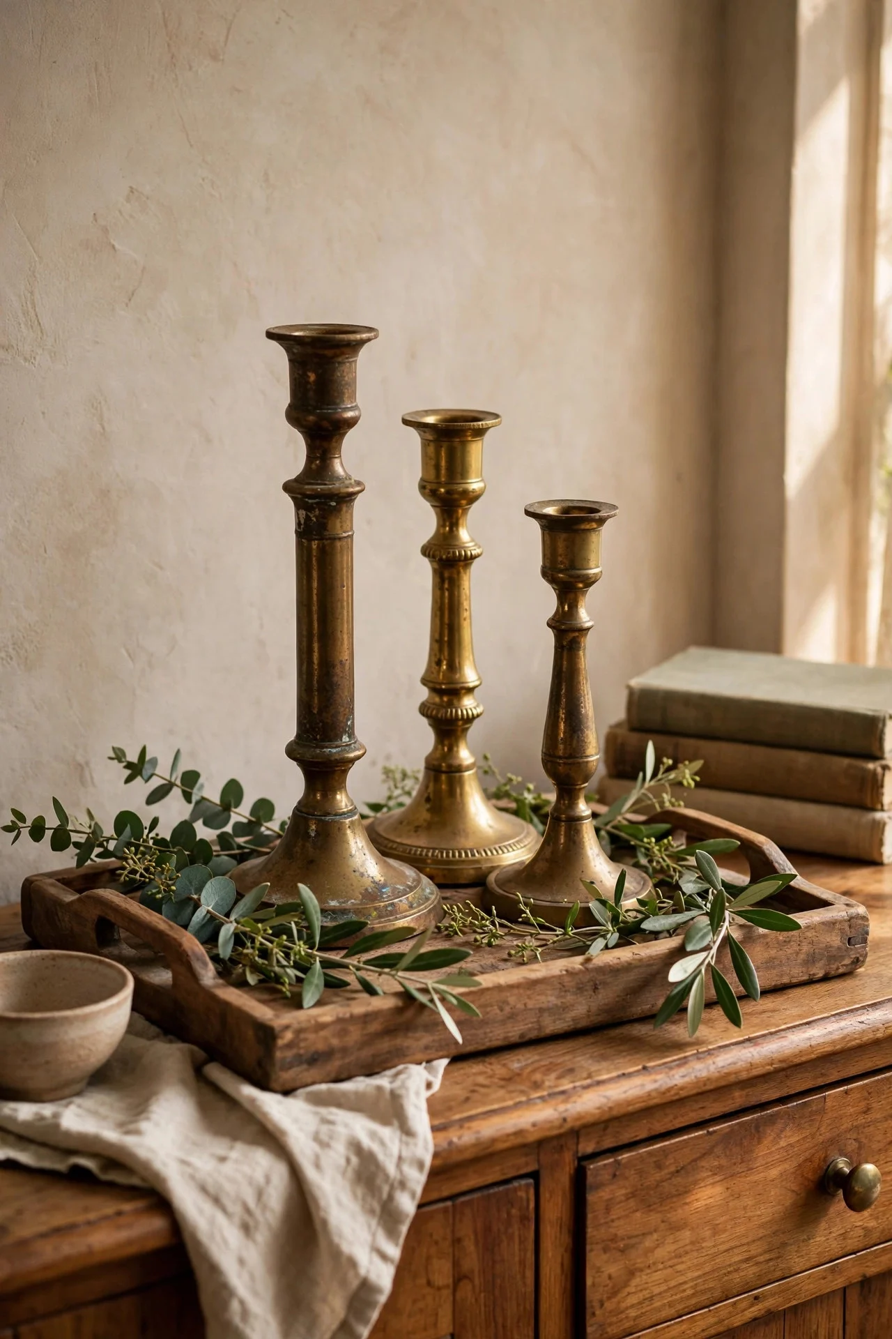 Grouped thrifted candlesticks styled on a wooden tray