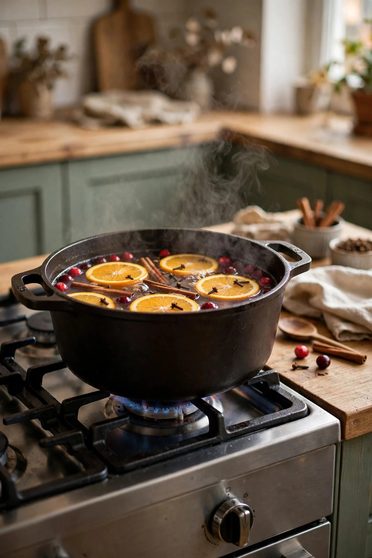 Simmer pot with oranges, cinnamon and cranberries on a stove