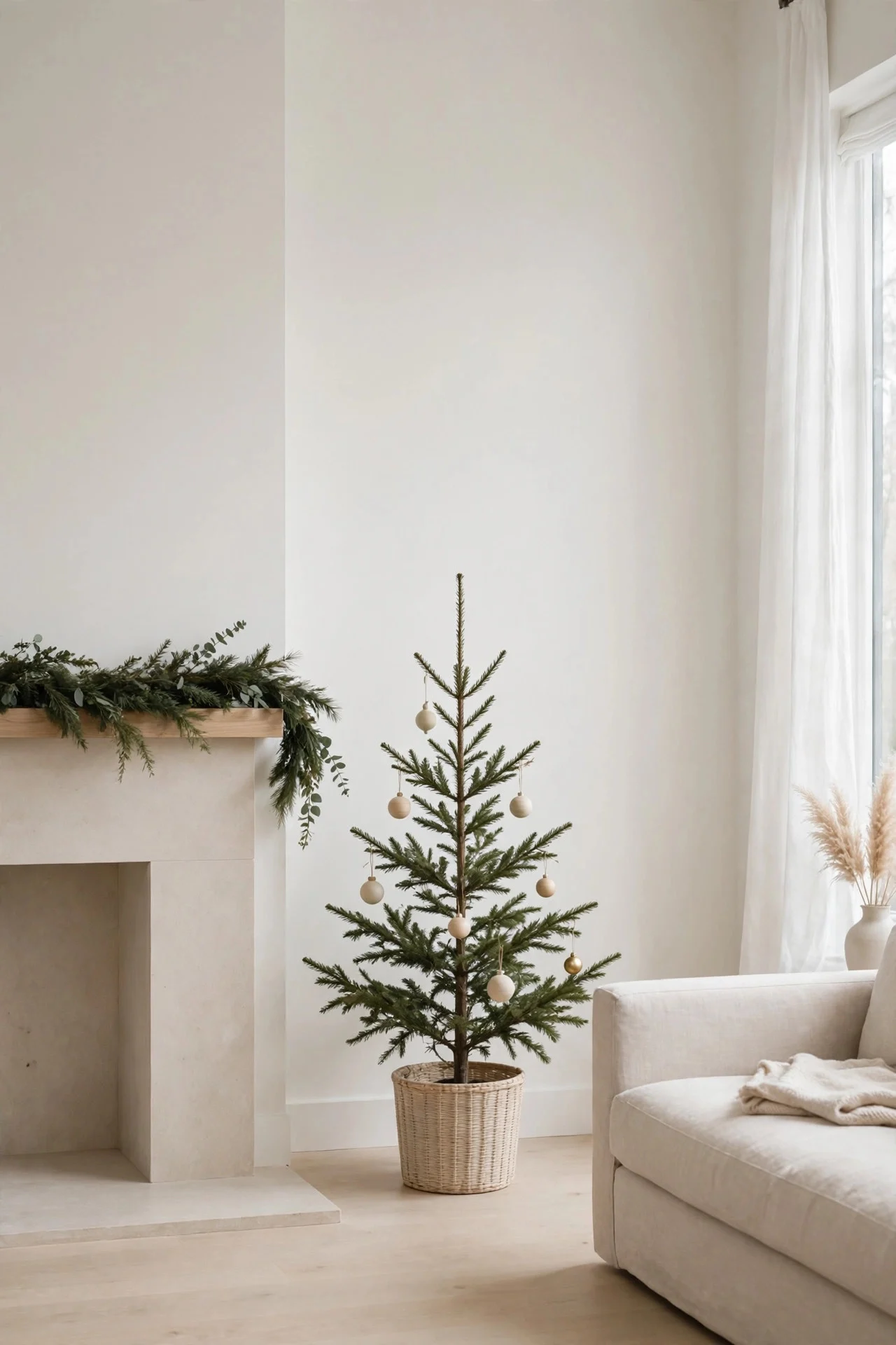 Minimal edited Christmas living room with restrained decor