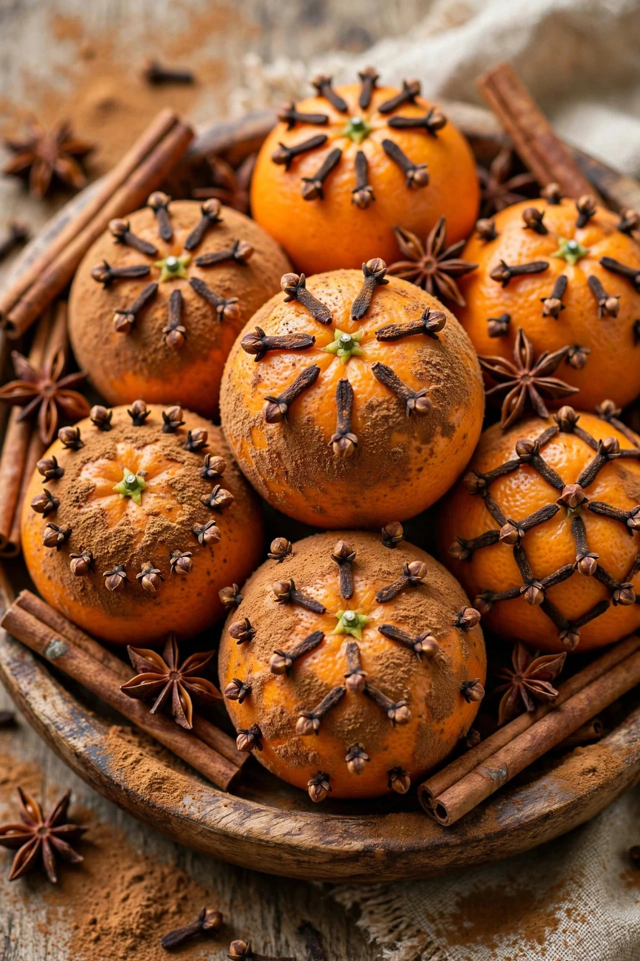Clove-studded orange pomanders in a wooden bowl