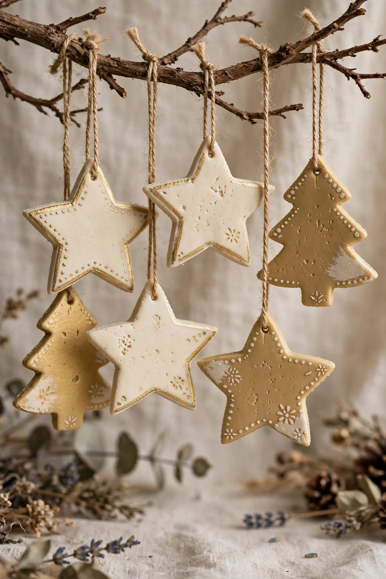 Handmade salt dough Christmas ornaments painted cream and gold