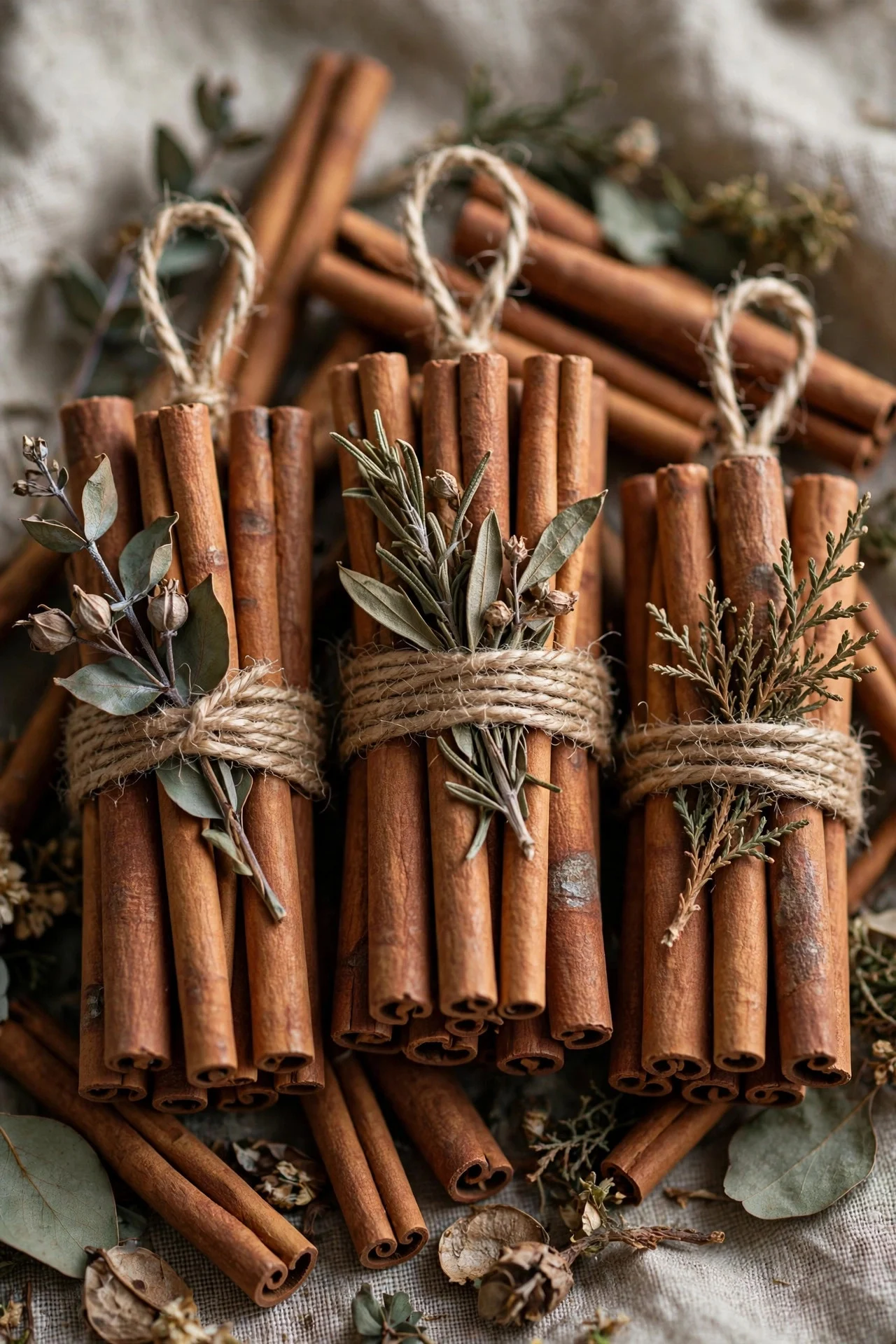 Cinnamon stick bundles tied with twine