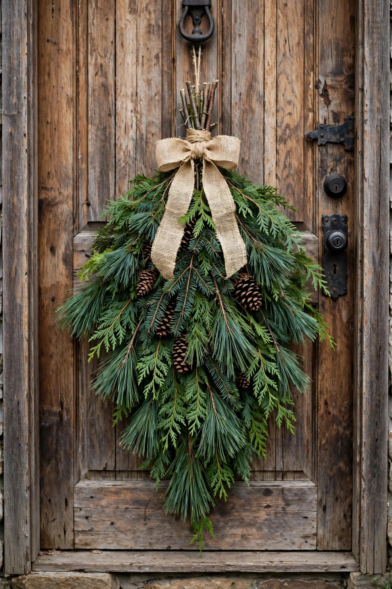 Handmade evergreen swag with burlap bow on a front door